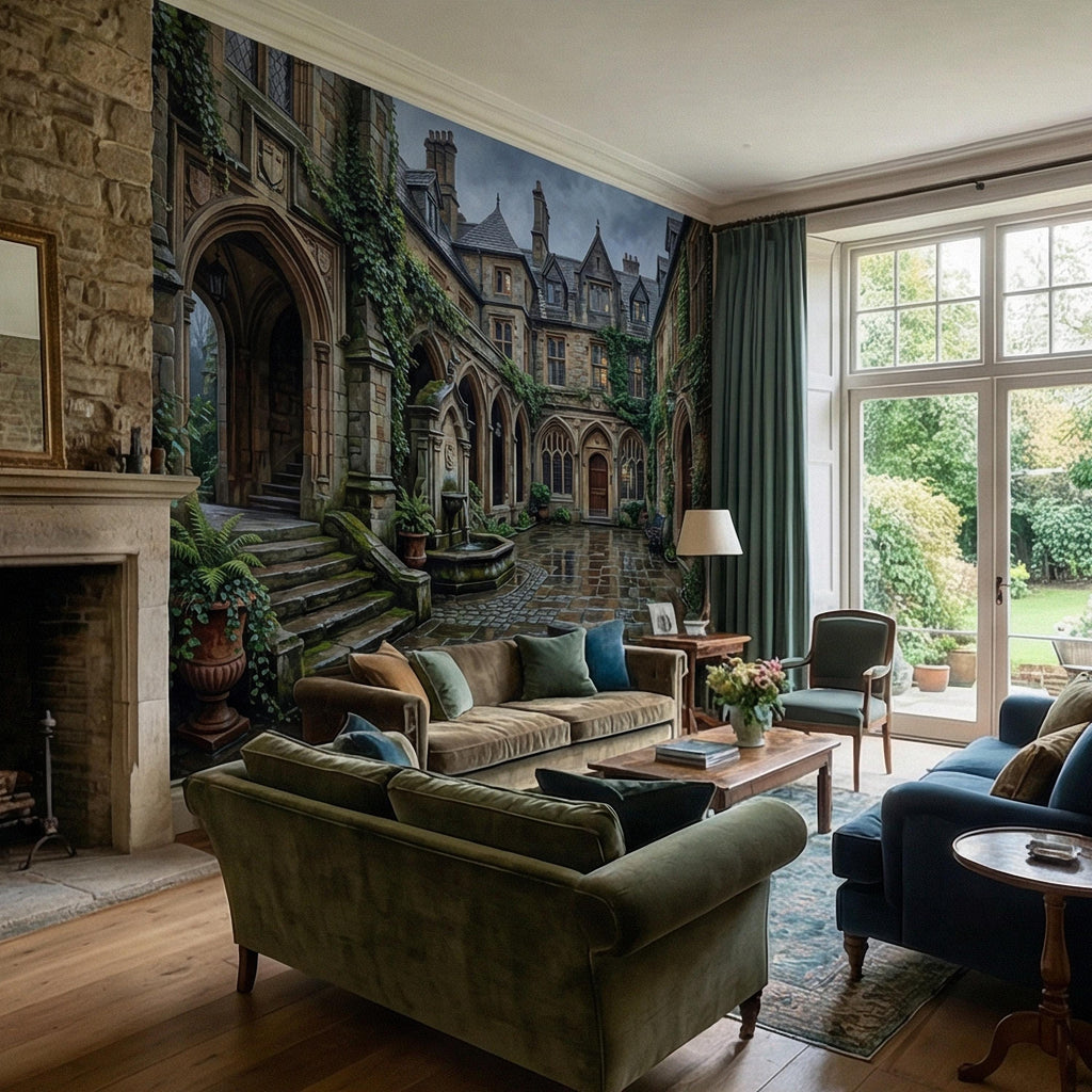 Gothic Courtyard Peel and Stick Wall Mural, Ivy Covered English Manor, Moody Dark Academia Castle, Rainy Old World Architecture Wallpaper