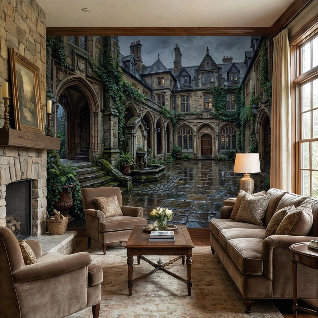 Gothic Courtyard Peel and Stick Wall Mural, Ivy Covered English Manor, Moody Dark Academia Castle, Rainy Old World Architecture Wallpaper