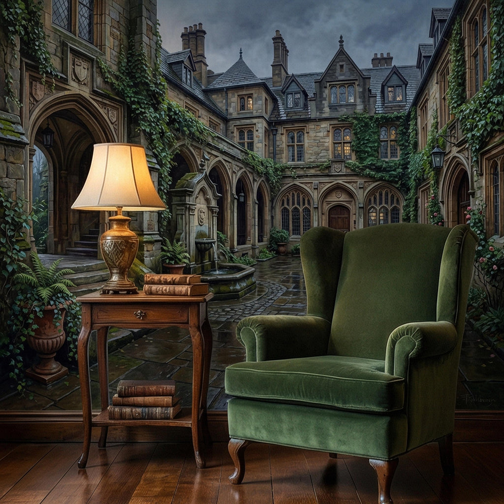 Gothic Courtyard Peel and Stick Wall Mural, Ivy Covered English Manor, Moody Dark Academia Castle, Rainy Old World Architecture Wallpaper