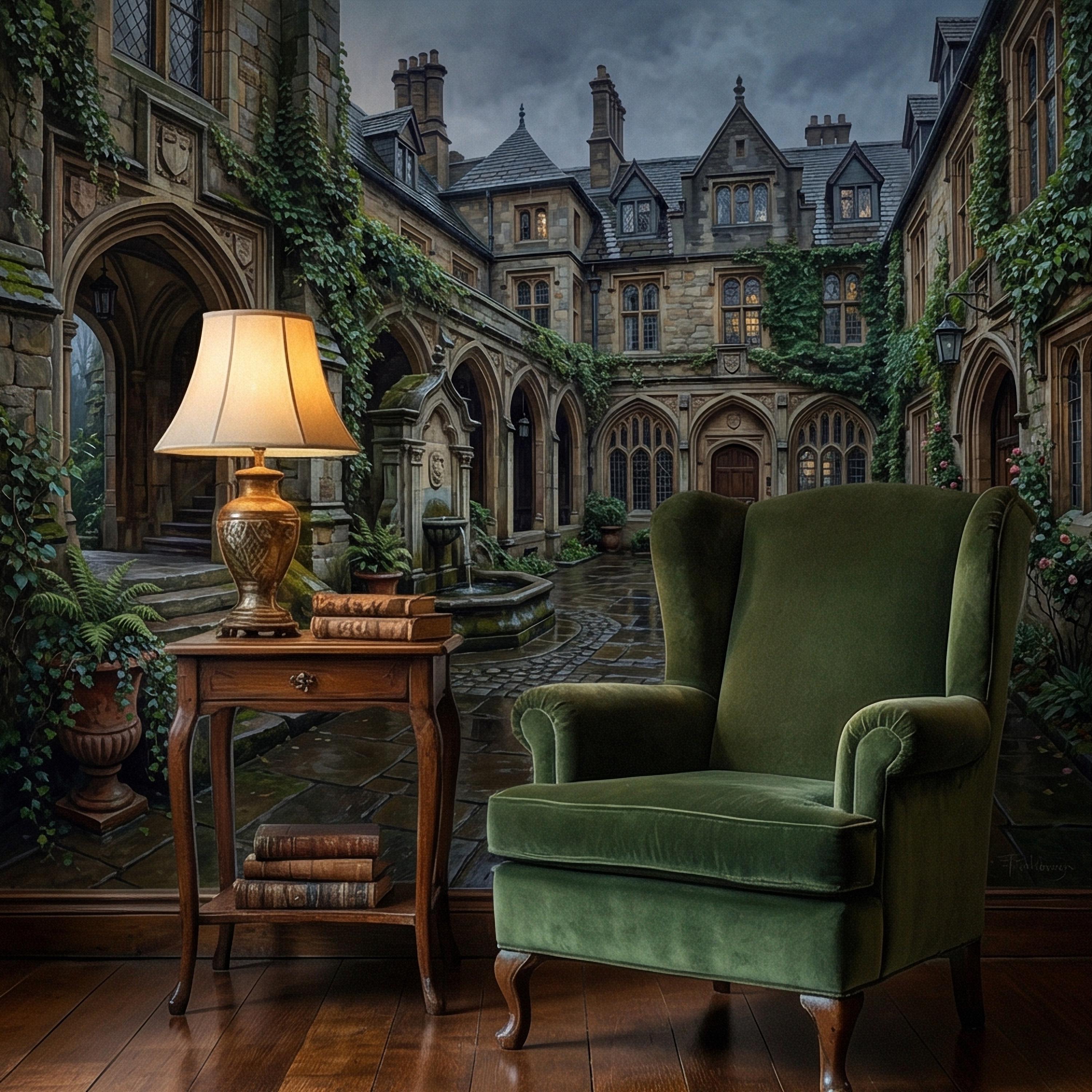 Gothic Courtyard Peel and Stick Wall Mural, Ivy Covered English Manor, Moody Dark Academia Castle, Rainy Old World Architecture Wallpaper