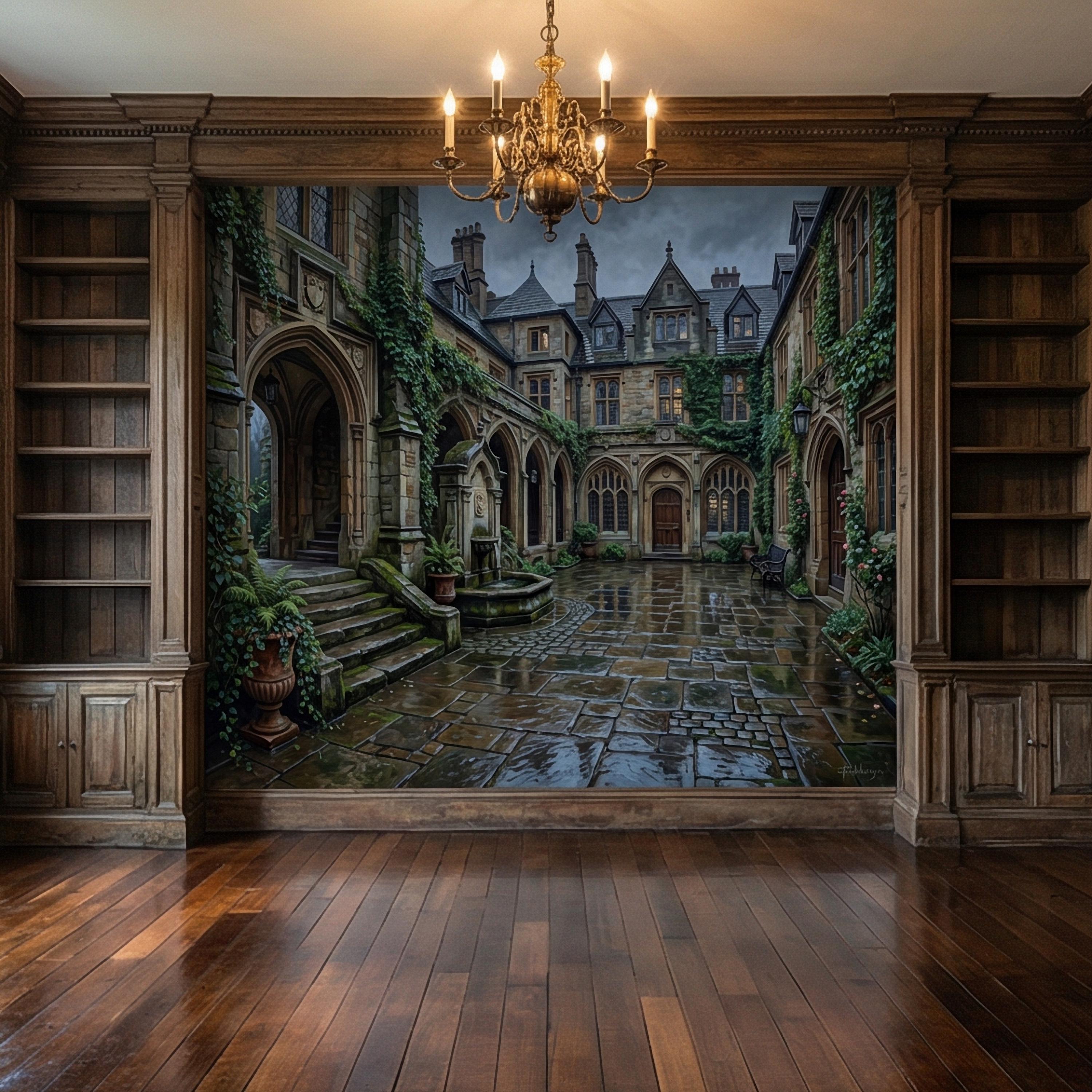 Gothic Courtyard Peel and Stick Wall Mural, Ivy Covered English Manor, Moody Dark Academia Castle, Rainy Old World Architecture Wallpaper