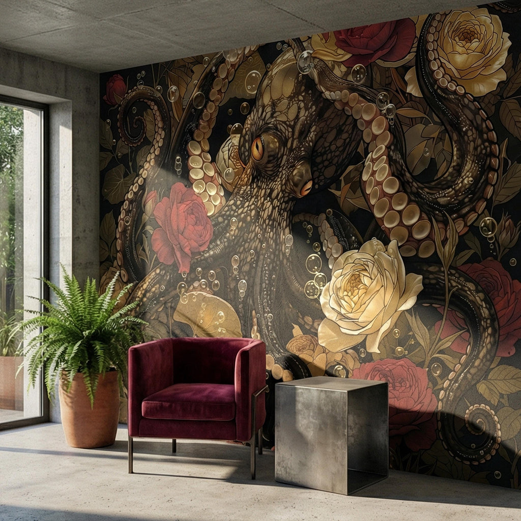 Dark Floral Octopus Peel and Stick Wall Mural, Gothic Art Nouveau Sea Life Maximalist Botanical Rose Wallpaper