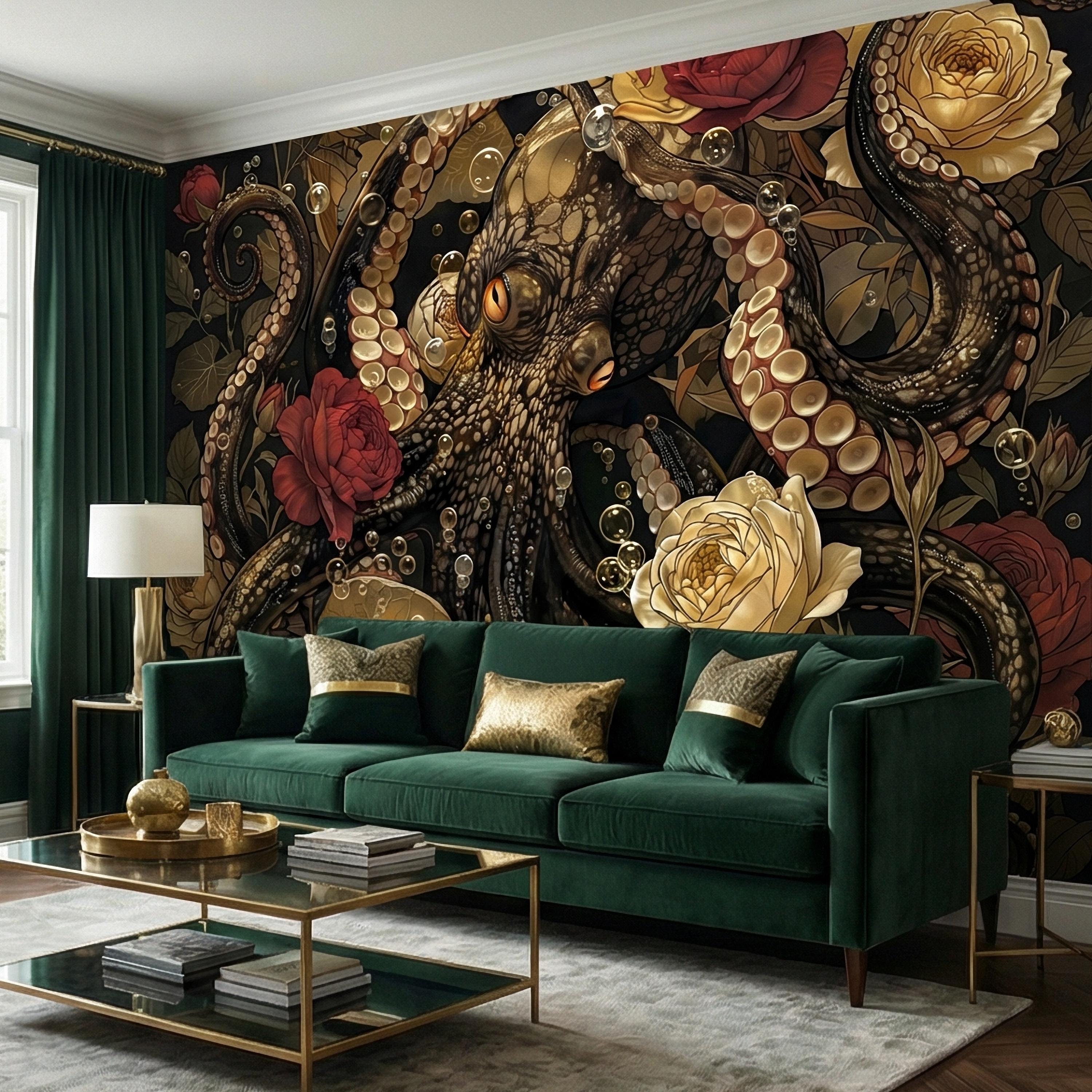 Dark Floral Octopus Peel and Stick Wall Mural, Gothic Art Nouveau Sea Life Maximalist Botanical Rose Wallpaper