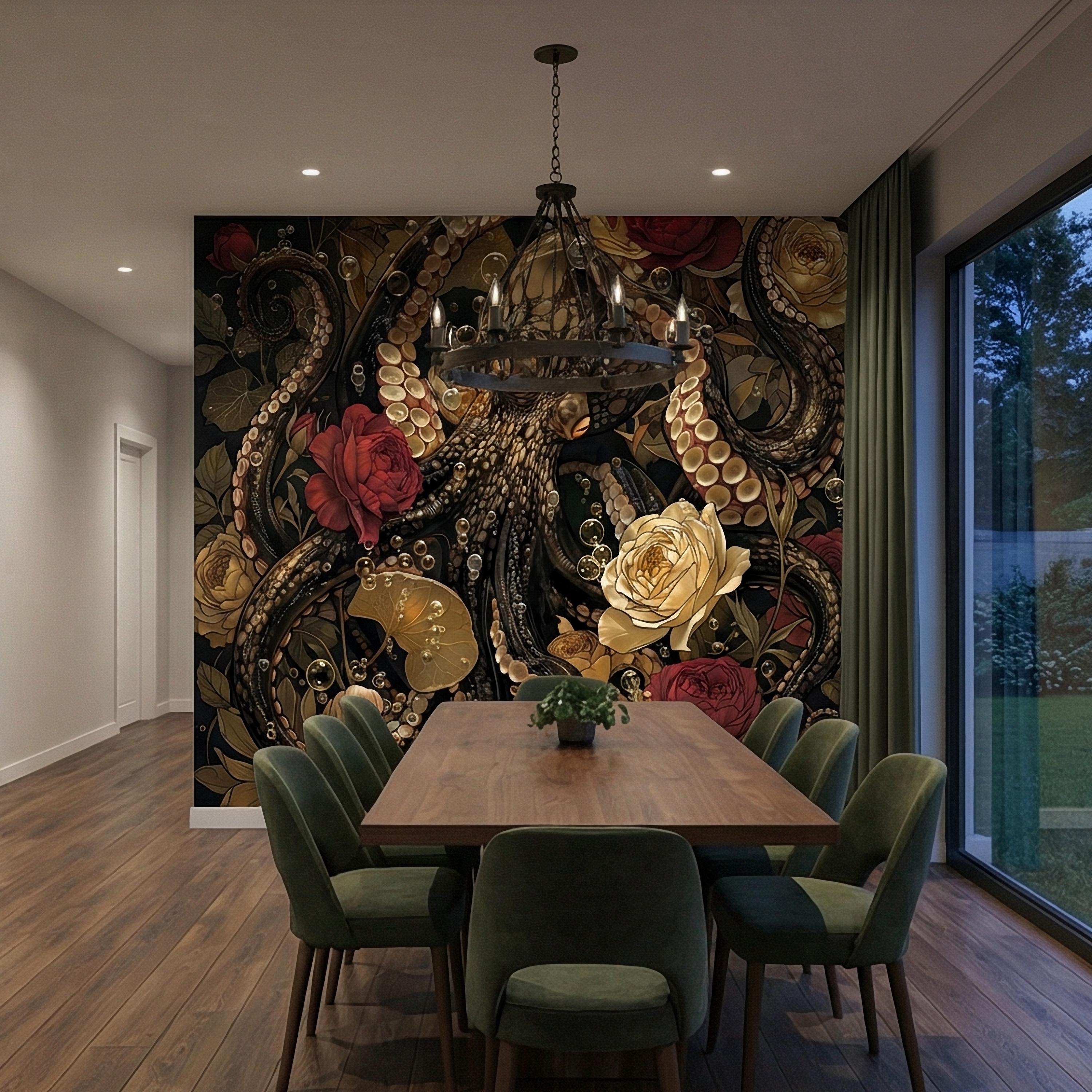 Dark Floral Octopus Peel and Stick Wall Mural, Gothic Art Nouveau Sea Life Maximalist Botanical Rose Wallpaper