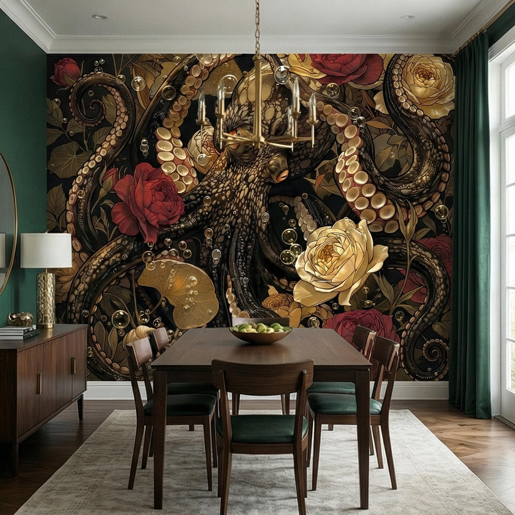 Dark Floral Octopus Peel and Stick Wall Mural, Gothic Art Nouveau Sea Life Maximalist Botanical Rose Wallpaper