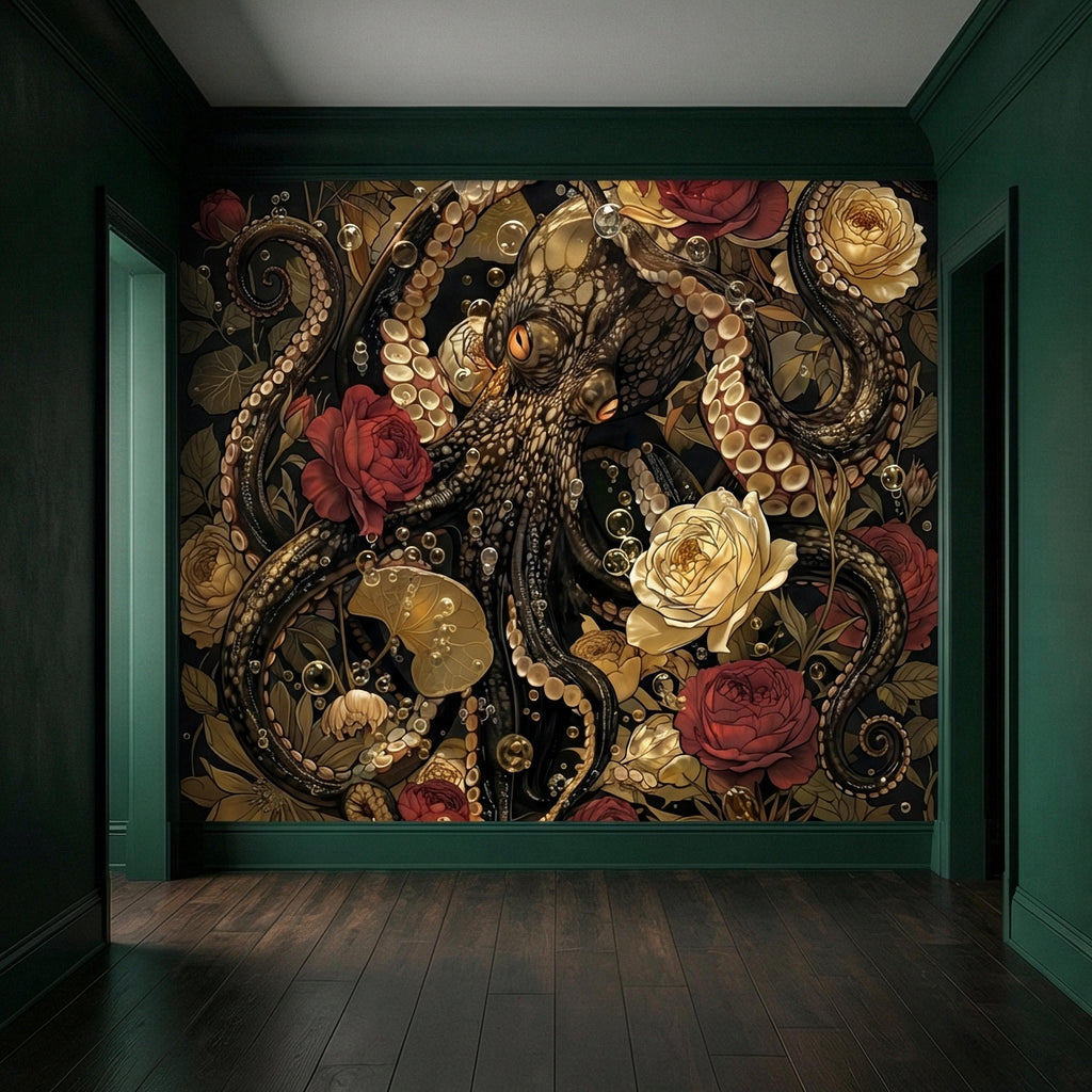 Dark Floral Octopus Peel and Stick Wall Mural, Gothic Art Nouveau Sea Life Maximalist Botanical Rose Wallpaper