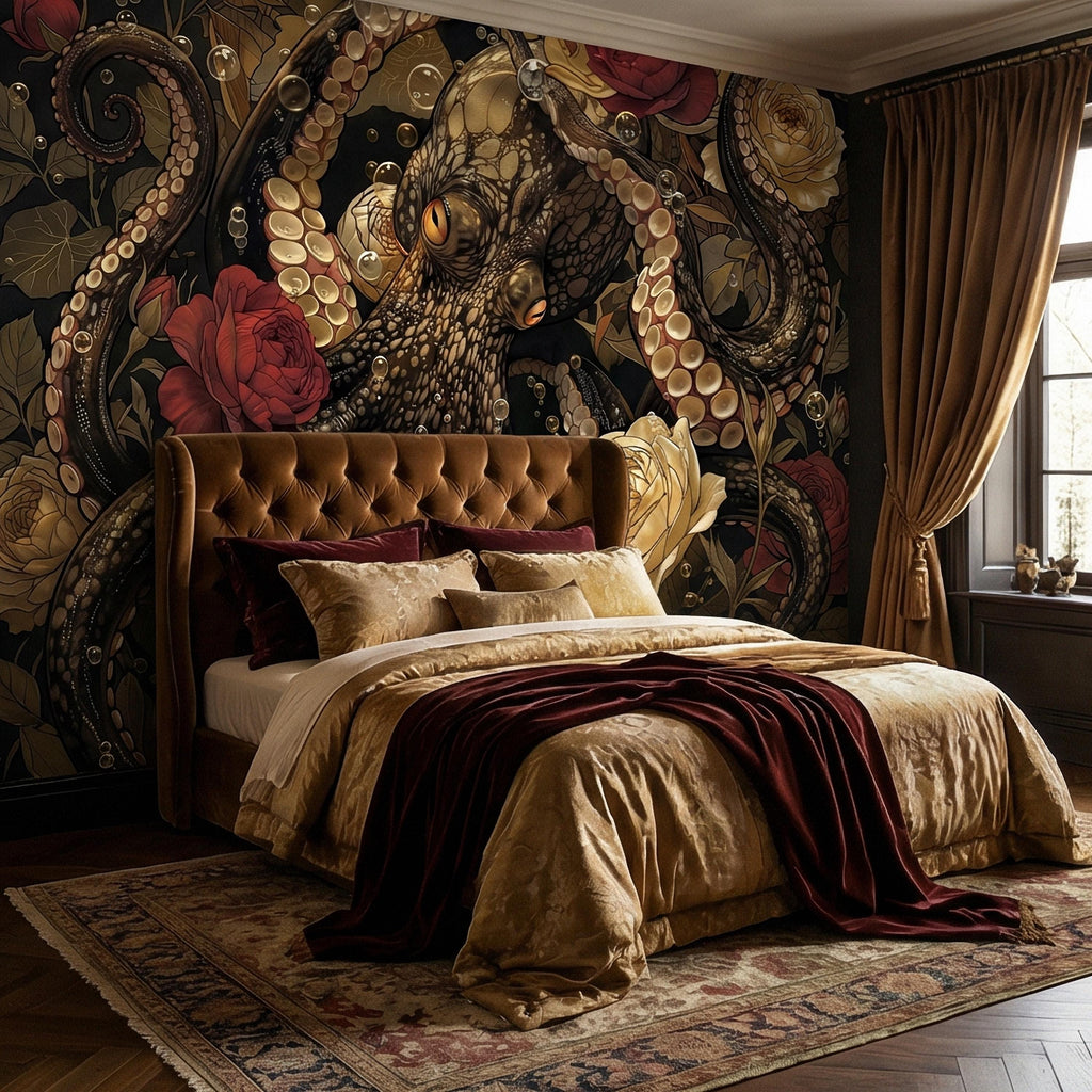 Dark Floral Octopus Peel and Stick Wall Mural, Gothic Art Nouveau Sea Life Maximalist Botanical Rose Wallpaper