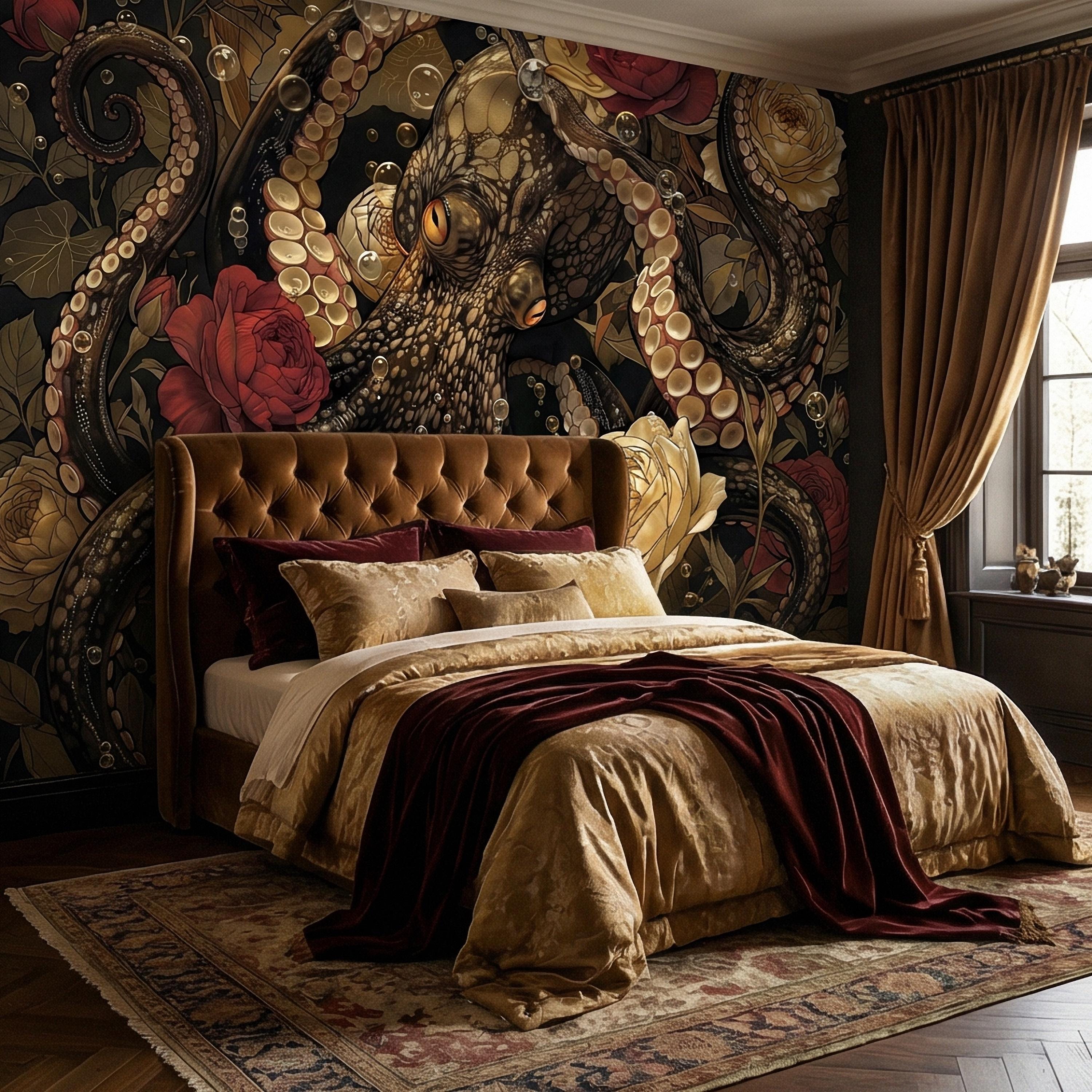 Dark Floral Octopus Peel and Stick Wall Mural, Gothic Art Nouveau Sea Life Maximalist Botanical Rose Wallpaper