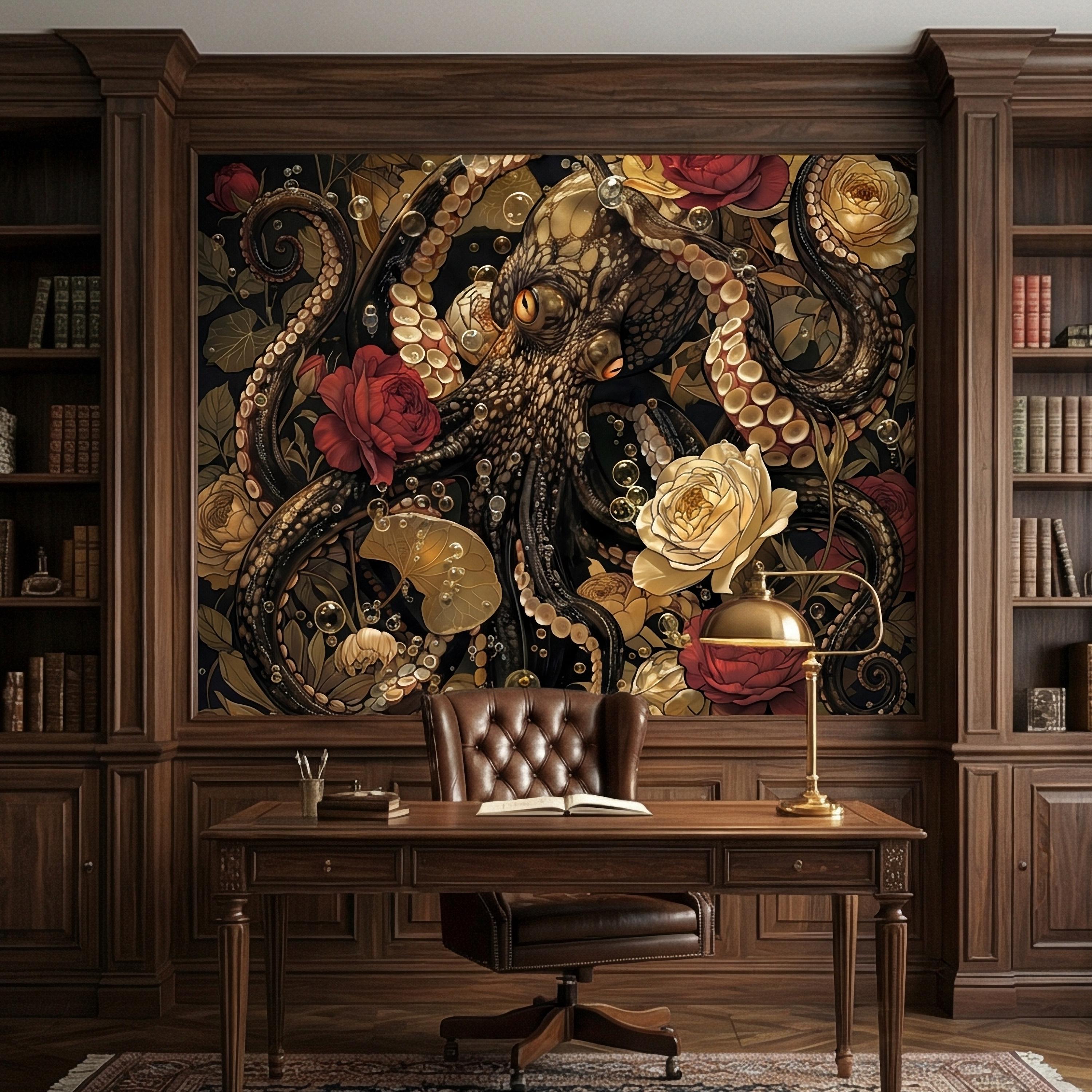 Dark Floral Octopus Peel and Stick Wall Mural, Gothic Art Nouveau Sea Life Maximalist Botanical Rose Wallpaper