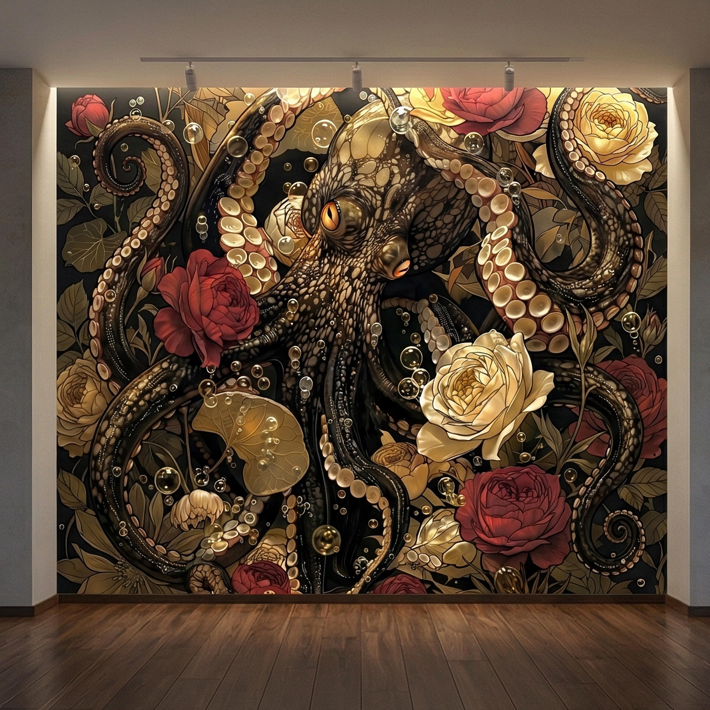 Dark Floral Octopus Peel and Stick Wall Mural, Gothic Art Nouveau Sea Life Maximalist Botanical Rose Wallpaper
