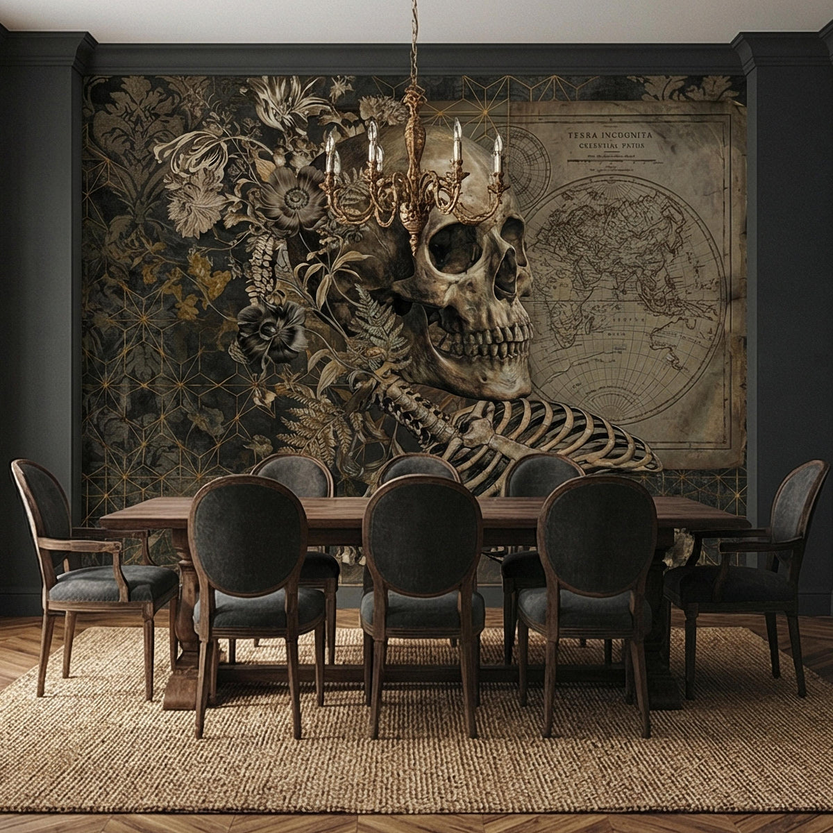 Dark Academia Skull Peel and Stick Wall Mural, Gothic Skeleton Floral Collage, Vintage Map Memento Mori, Antique Victorian Wallpaper - The Fine Art Murals