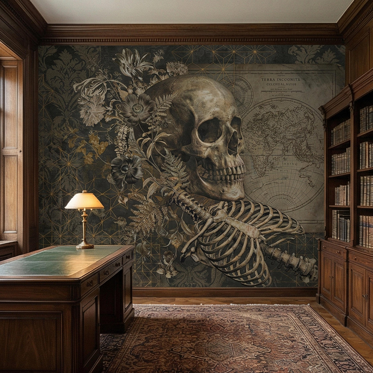 Dark Academia Skull Peel and Stick Wall Mural, Gothic Skeleton Floral Collage, Vintage Map Memento Mori, Antique Victorian Wallpaper - The Fine Art Murals