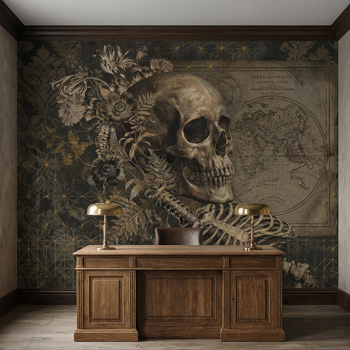 Dark Academia Skull Peel and Stick Wall Mural, Gothic Skeleton Floral Collage, Vintage Map Memento Mori, Antique Victorian Wallpaper - The Fine Art Murals