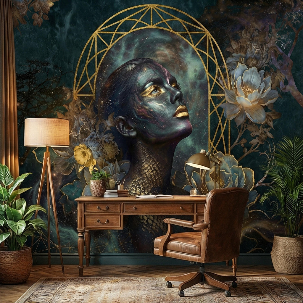 Mystic Celestial Goddess Peel and Stick Wall Mural, Cosmic Woman Portrait, Moody Dark Teal Gold Art Deco Floral Astral Galaxy Wallpaper