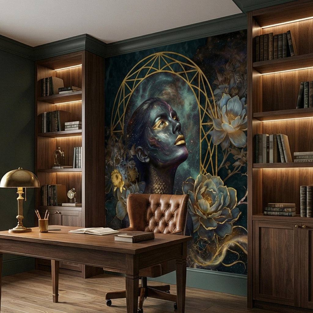 Mystic Celestial Goddess Peel and Stick Wall Mural, Cosmic Woman Portrait, Moody Dark Teal Gold Art Deco Floral Astral Galaxy Wallpaper