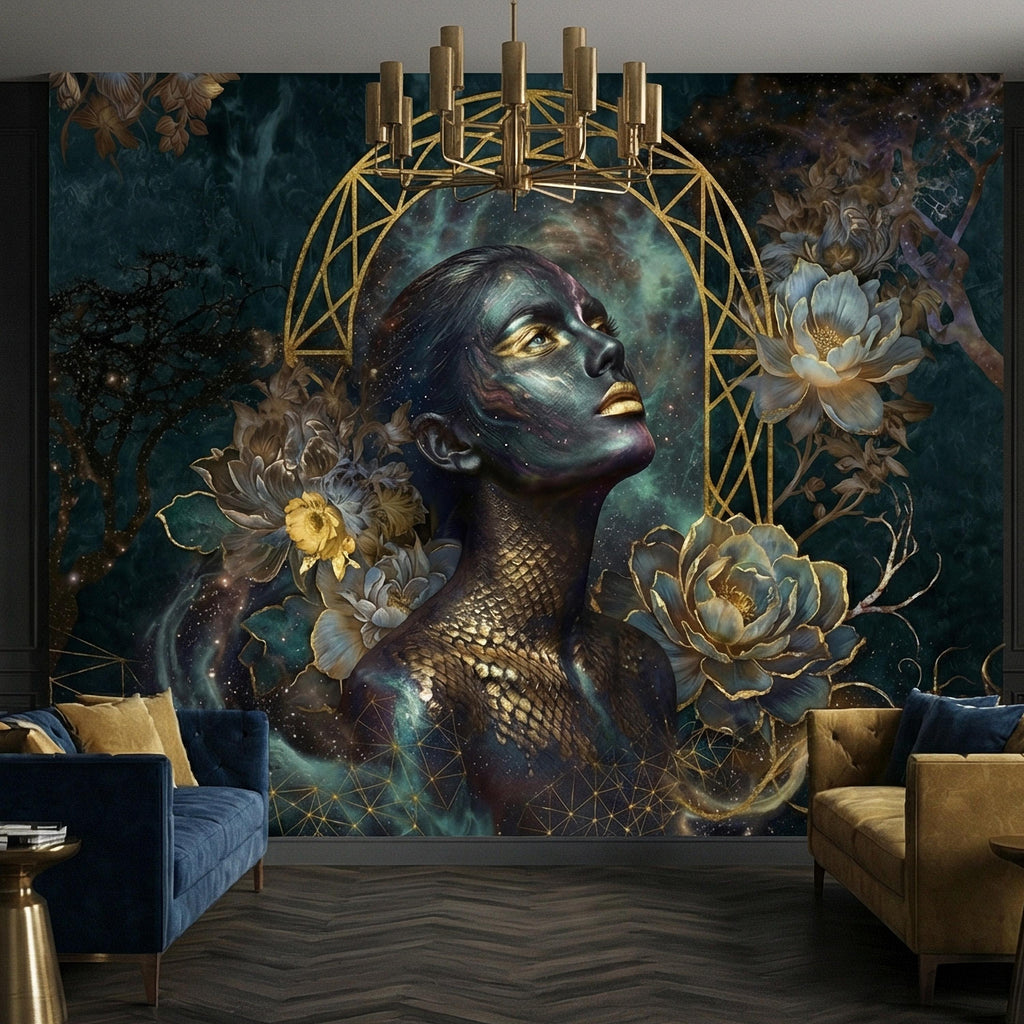 Mystic Celestial Goddess Peel and Stick Wall Mural, Cosmic Woman Portrait, Moody Dark Teal Gold Art Deco Floral Astral Galaxy Wallpaper