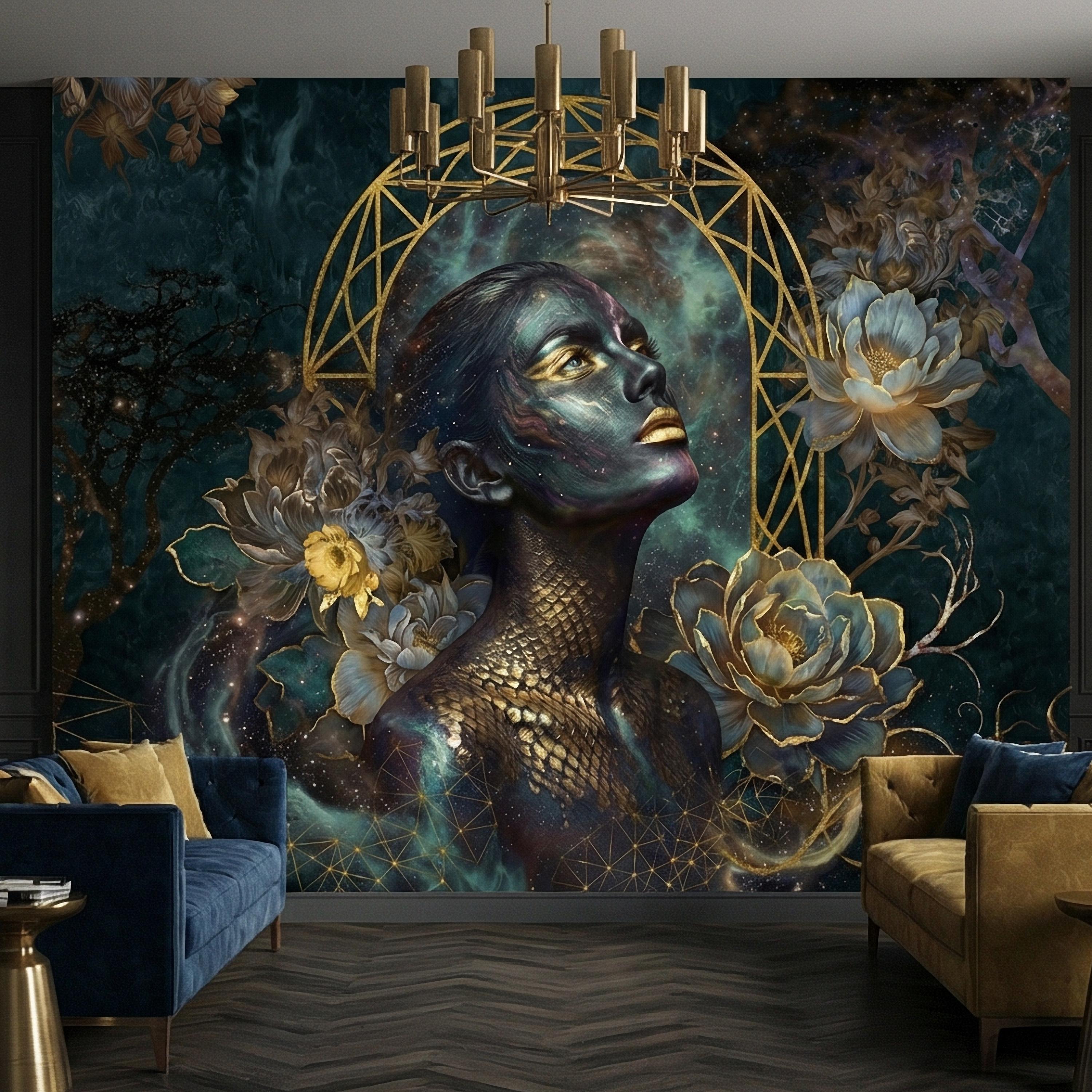Mystic Celestial Goddess Peel and Stick Wall Mural, Cosmic Woman Portrait, Moody Dark Teal Gold Art Deco Floral Astral Galaxy Wallpaper