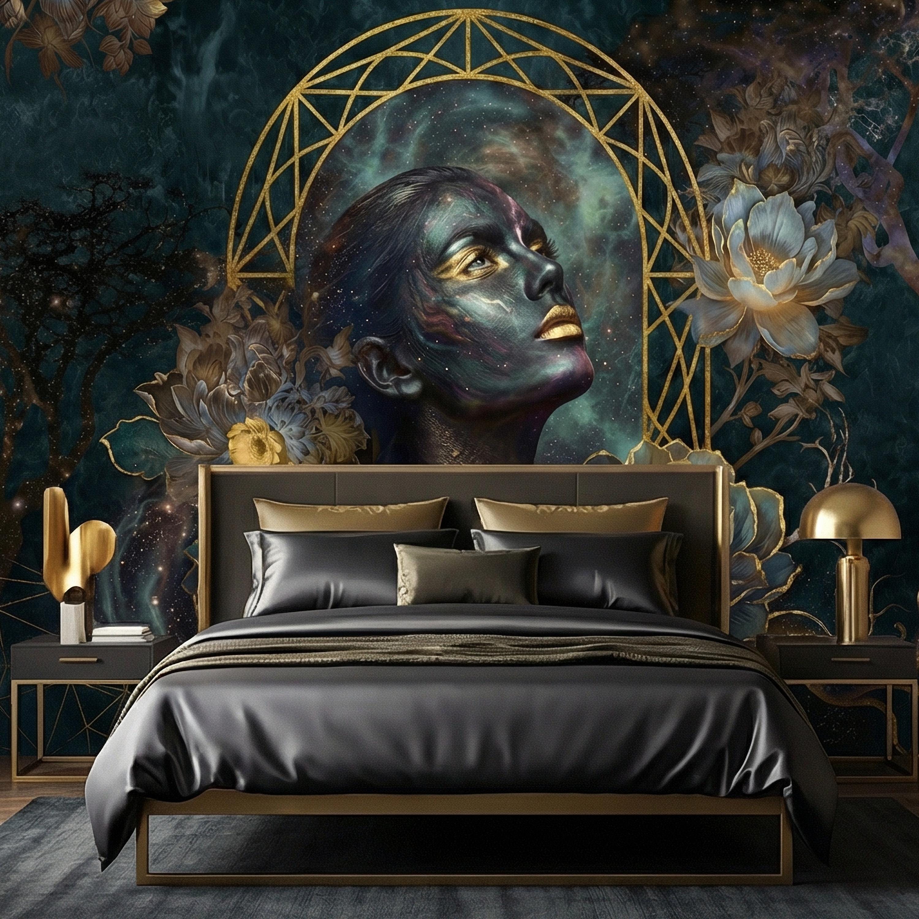 Mystic Celestial Goddess Peel and Stick Wall Mural, Cosmic Woman Portrait, Moody Dark Teal Gold Art Deco Floral Astral Galaxy Wallpaper