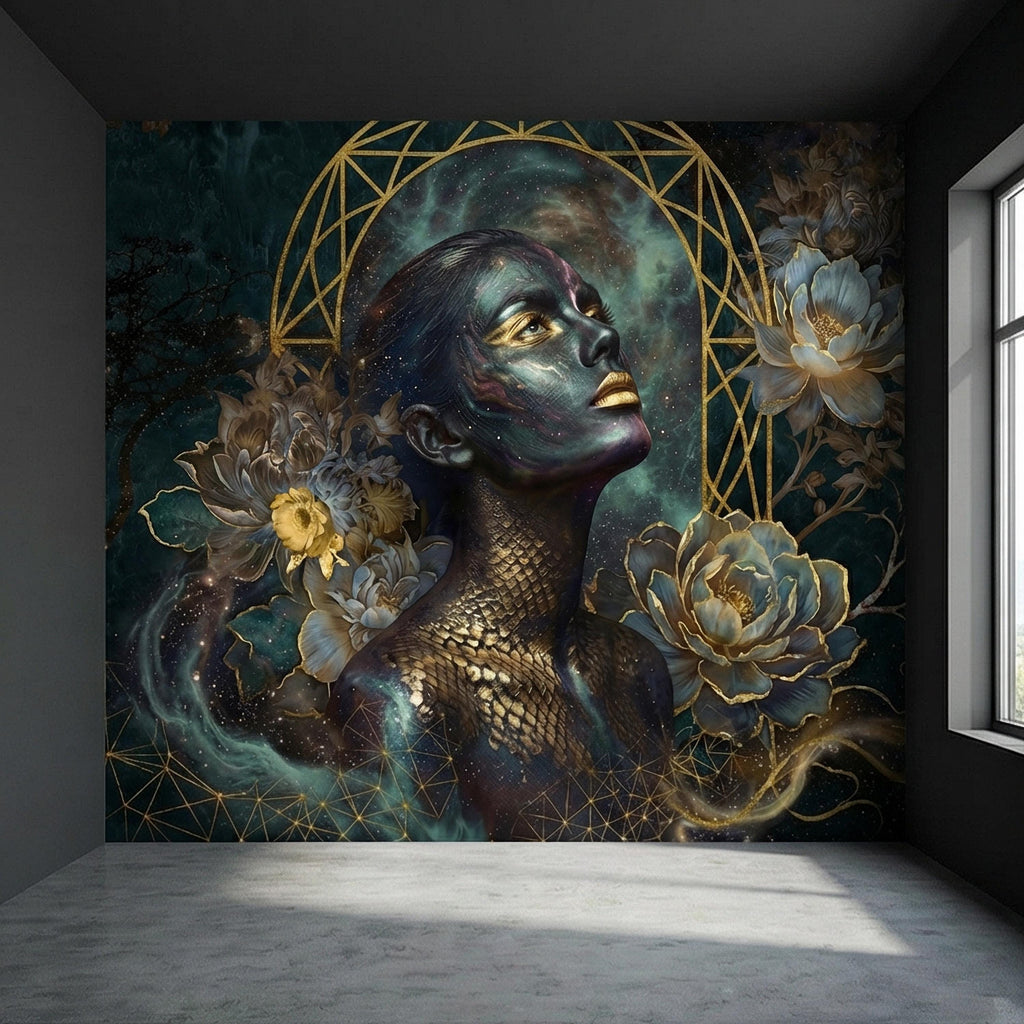 Mystic Celestial Goddess Peel and Stick Wall Mural, Cosmic Woman Portrait, Moody Dark Teal Gold Art Deco Floral Astral Galaxy Wallpaper