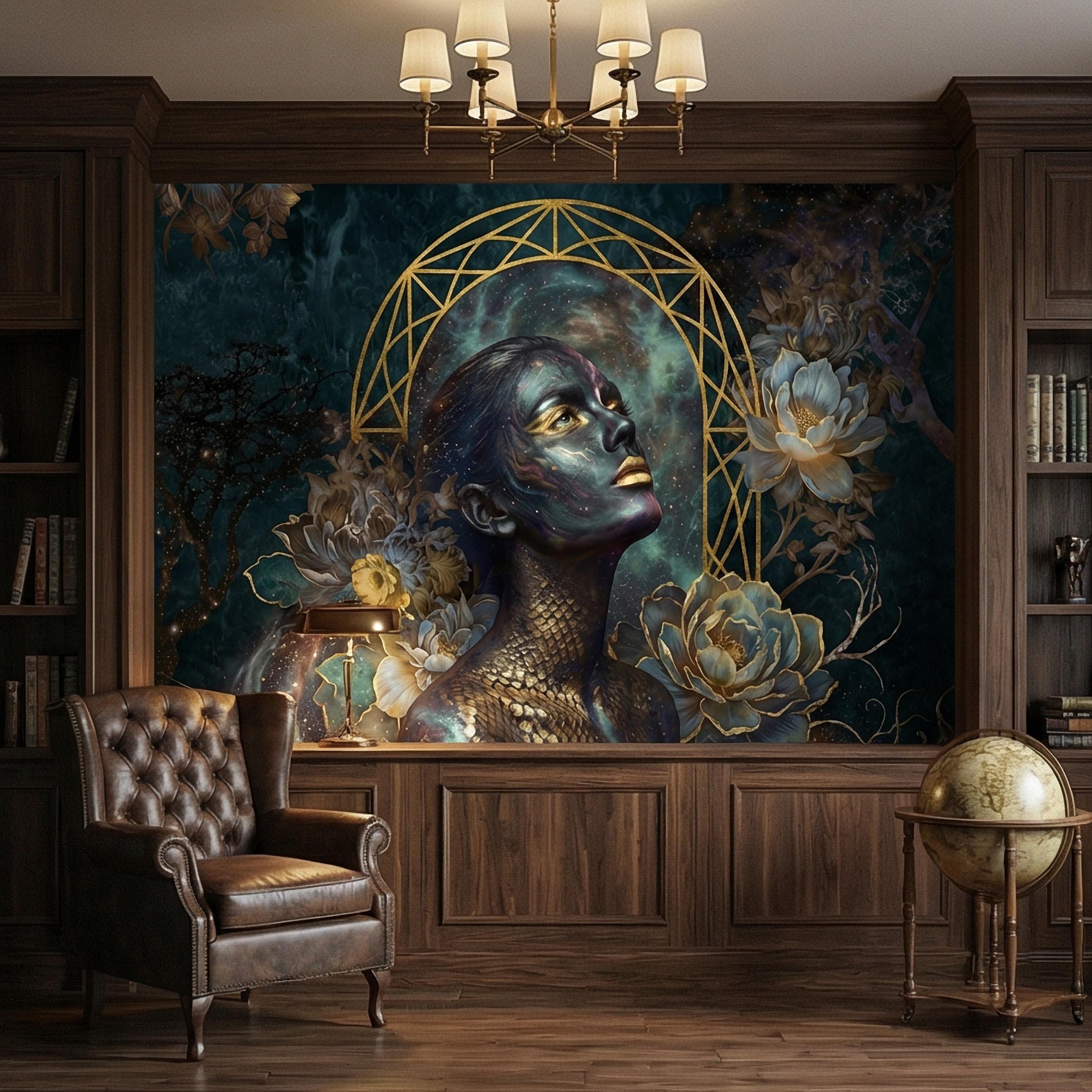 Mystic Celestial Goddess Peel and Stick Wall Mural, Cosmic Woman Portrait, Moody Dark Teal Gold Art Deco Floral Astral Galaxy Wallpaper