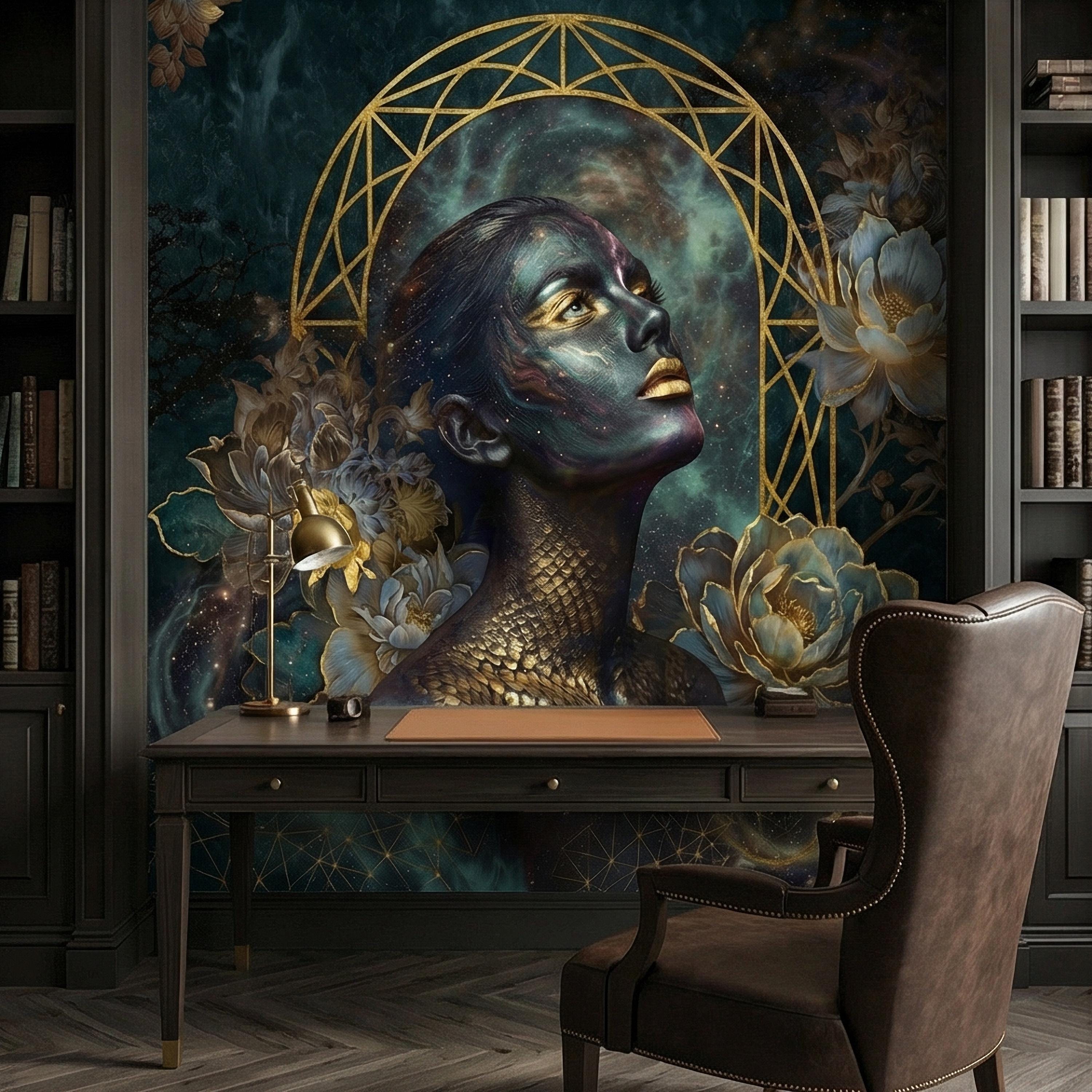 Mystic Celestial Goddess Peel and Stick Wall Mural, Cosmic Woman Portrait, Moody Dark Teal Gold Art Deco Floral Astral Galaxy Wallpaper