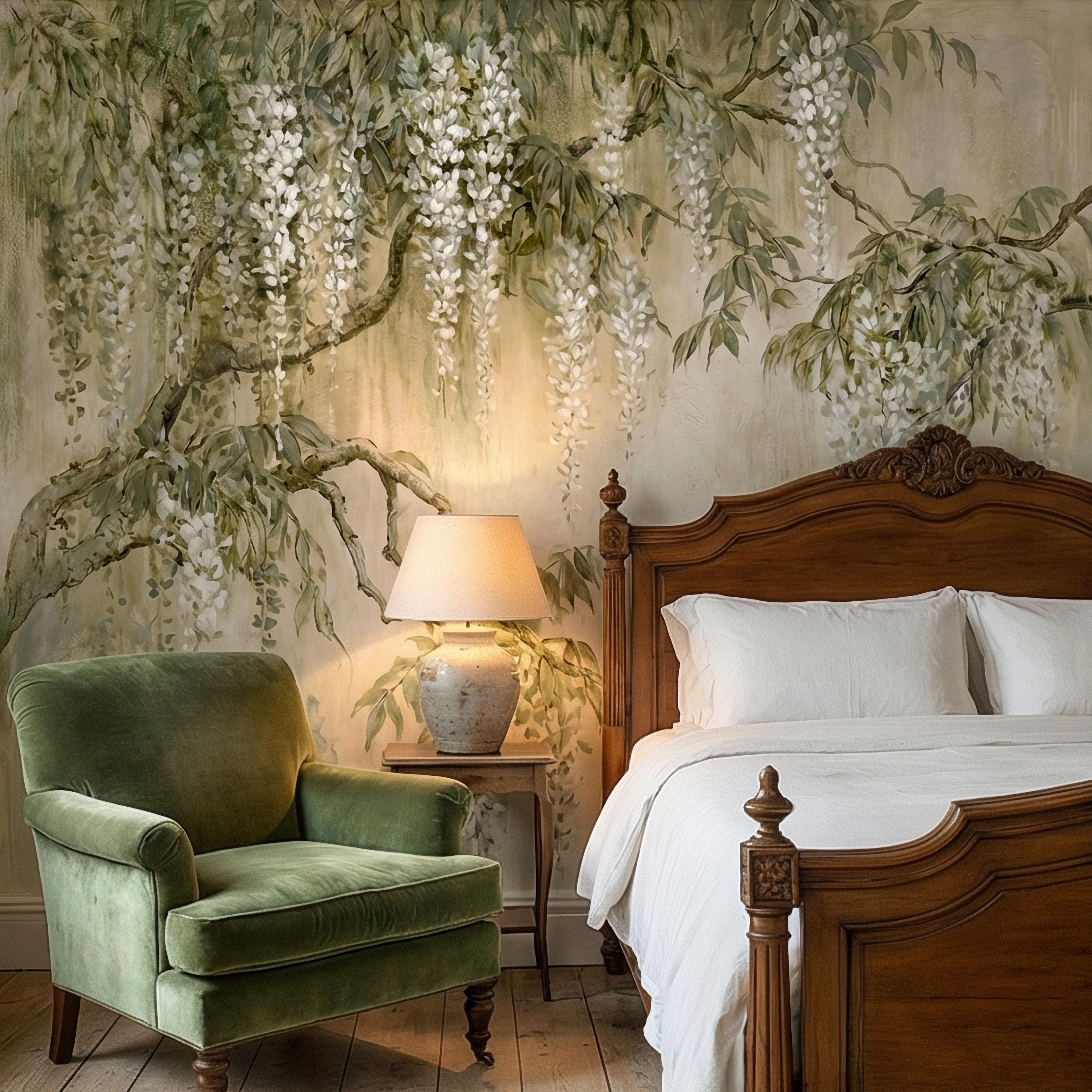 White Wisteria Peel and Stick Wall Mural, Hand Painted Botanical Fresco, Soft Sage Beige Floral Wallpaper