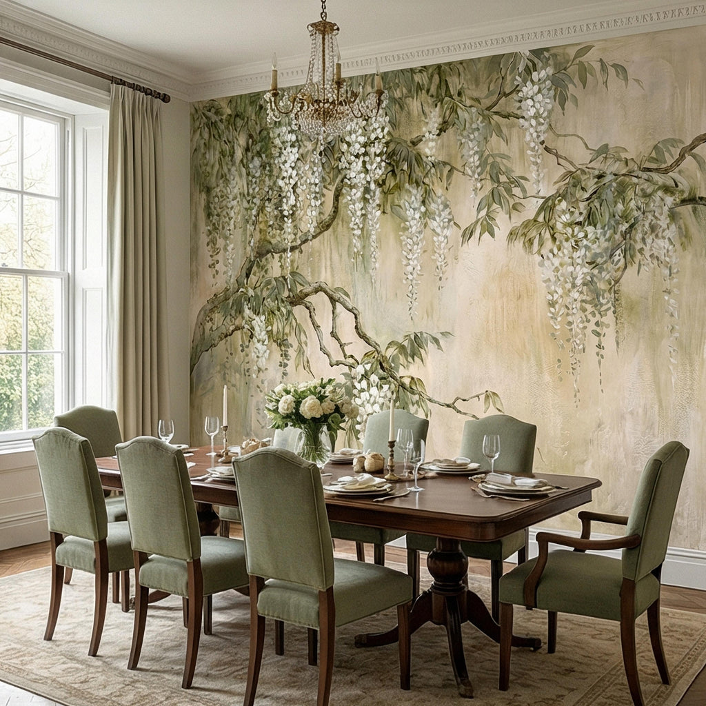 White Wisteria Peel and Stick Wall Mural, Hand Painted Botanical Fresco, Soft Sage Beige Floral Wallpaper