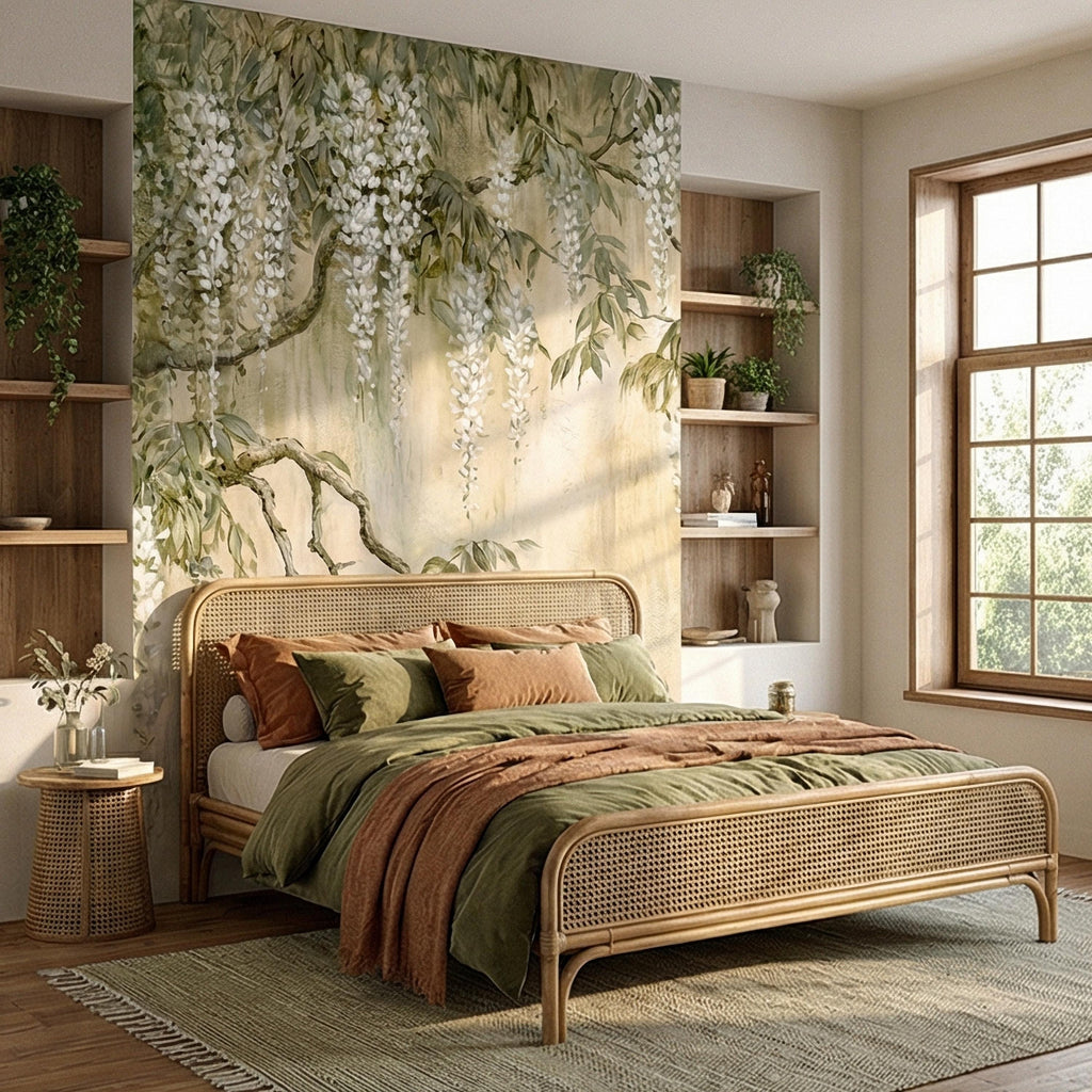 White Wisteria Peel and Stick Wall Mural, Hand Painted Botanical Fresco, Soft Sage Beige Floral Wallpaper