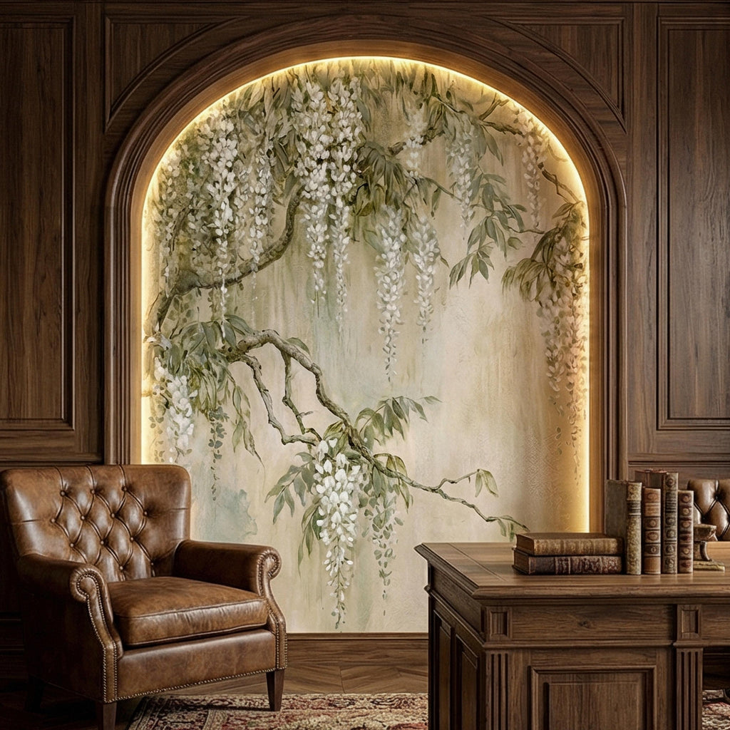 White Wisteria Peel and Stick Wall Mural, Hand Painted Botanical Fresco, Soft Sage Beige Floral Wallpaper