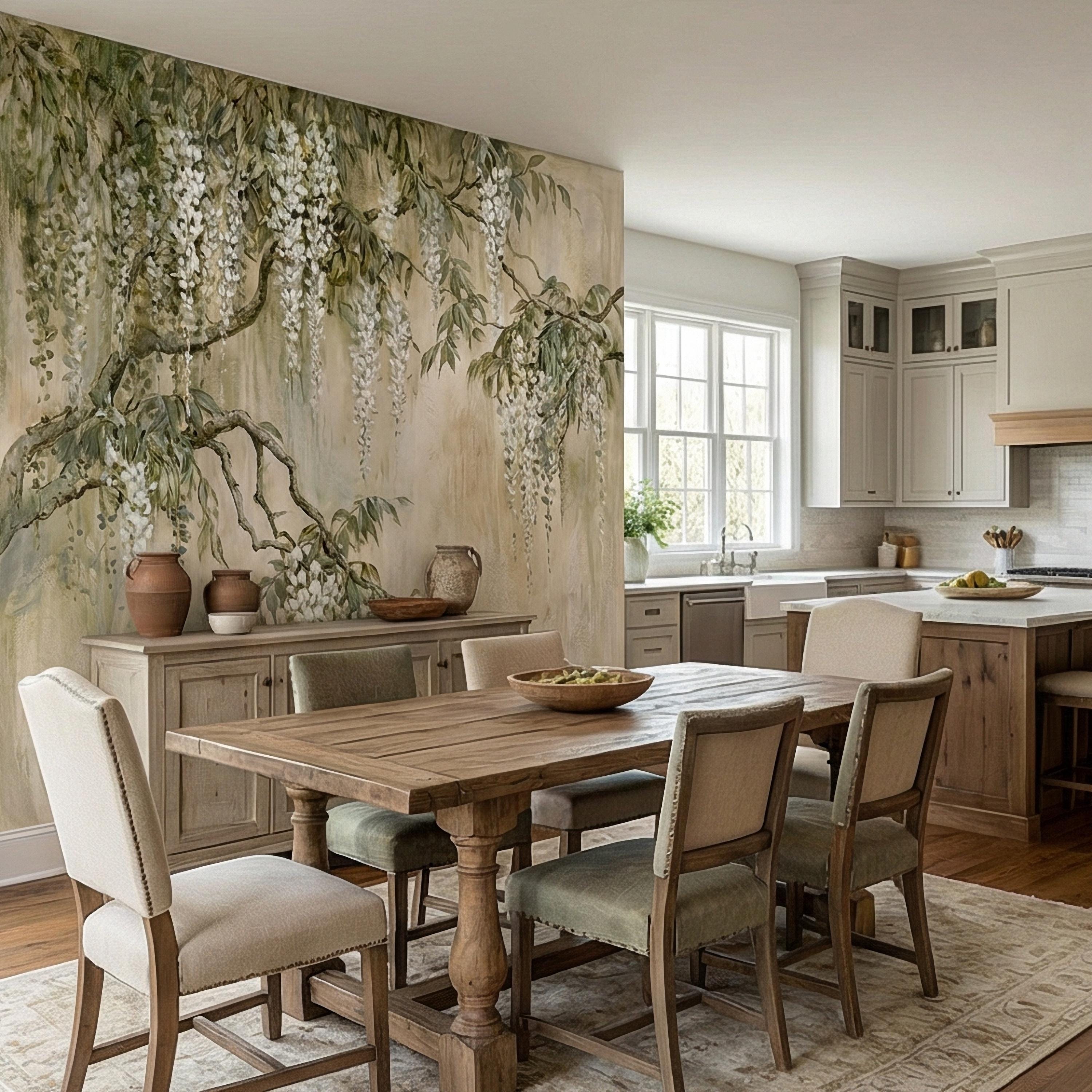 White Wisteria Peel and Stick Wall Mural, Hand Painted Botanical Fresco, Soft Sage Beige Floral Wallpaper