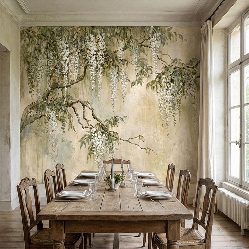 White Wisteria Peel and Stick Wall Mural, Hand Painted Botanical Fresco, Soft Sage Beige Floral Wallpaper