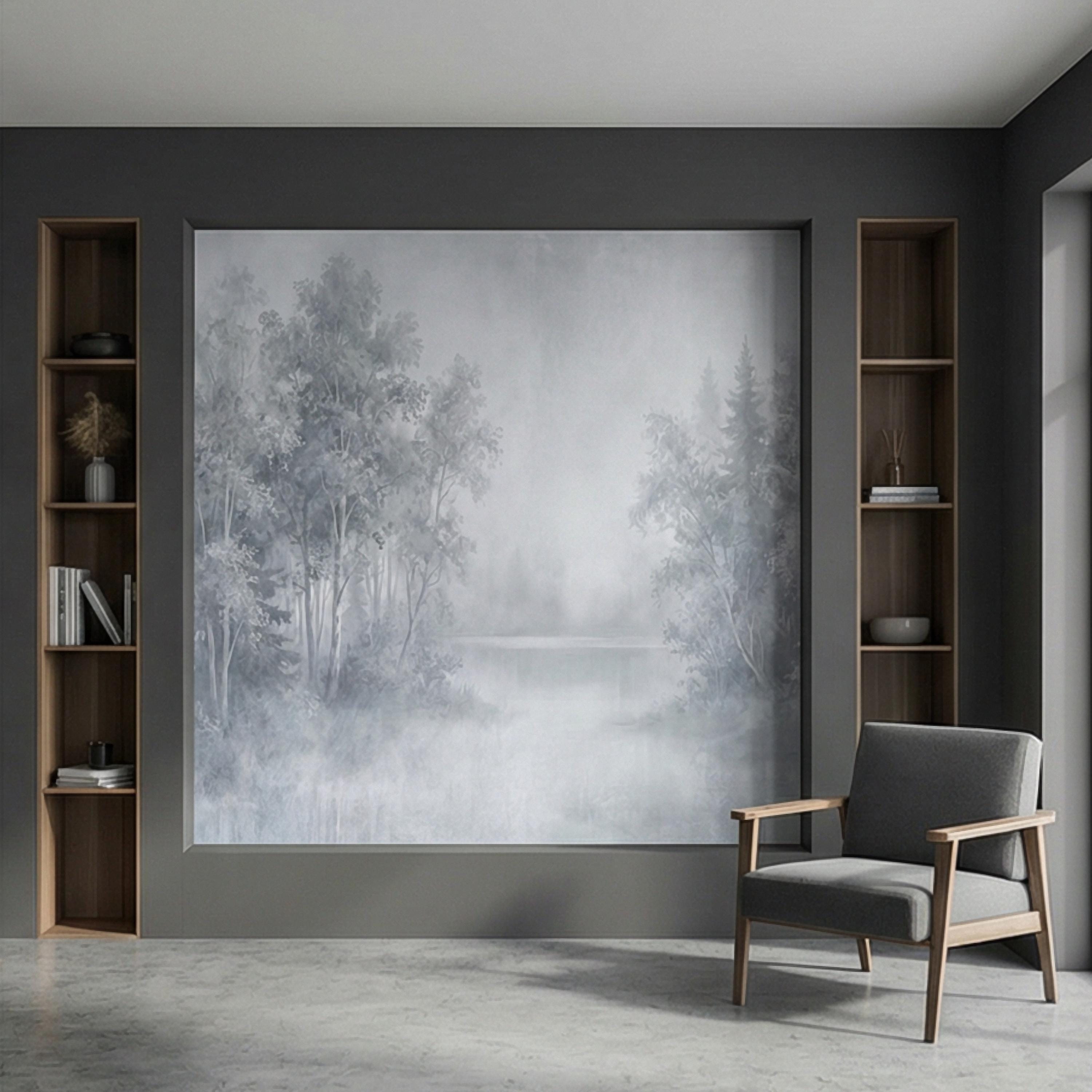 Misty Blue Forest Peel and Stick Wall Mural, Soft Woodland Lake Landscape, Serene Foggy Nature Wallpaper