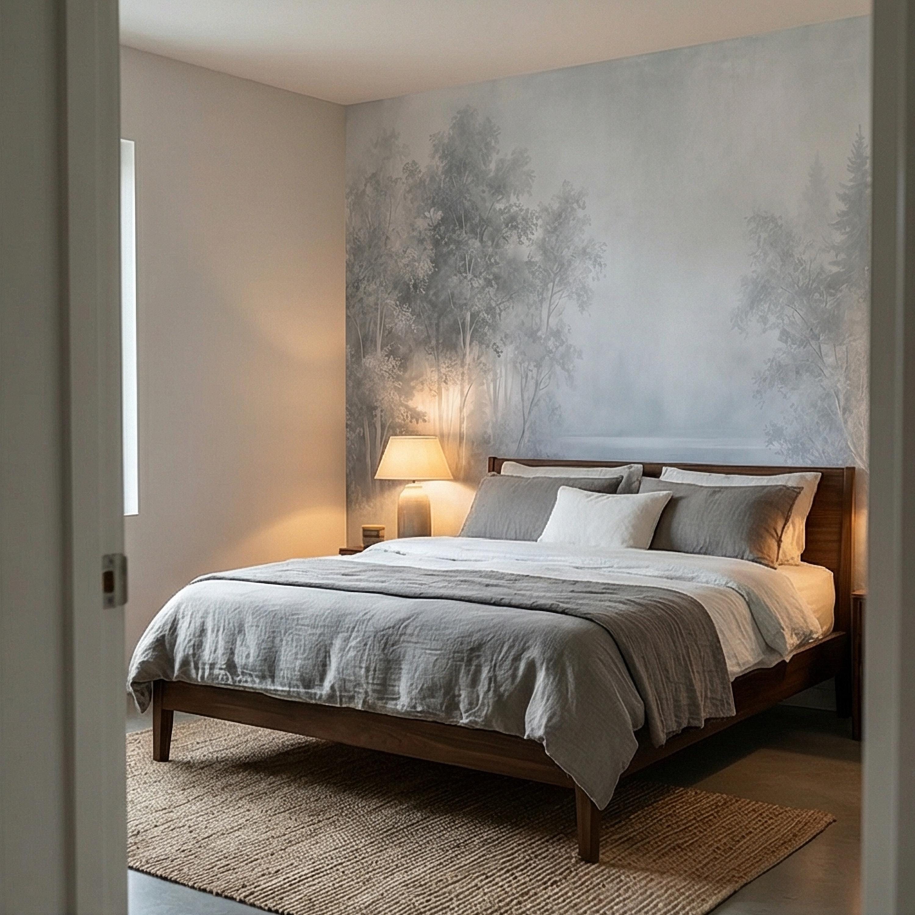 Misty Blue Forest Peel and Stick Wall Mural, Soft Woodland Lake Landscape, Serene Foggy Nature Wallpaper