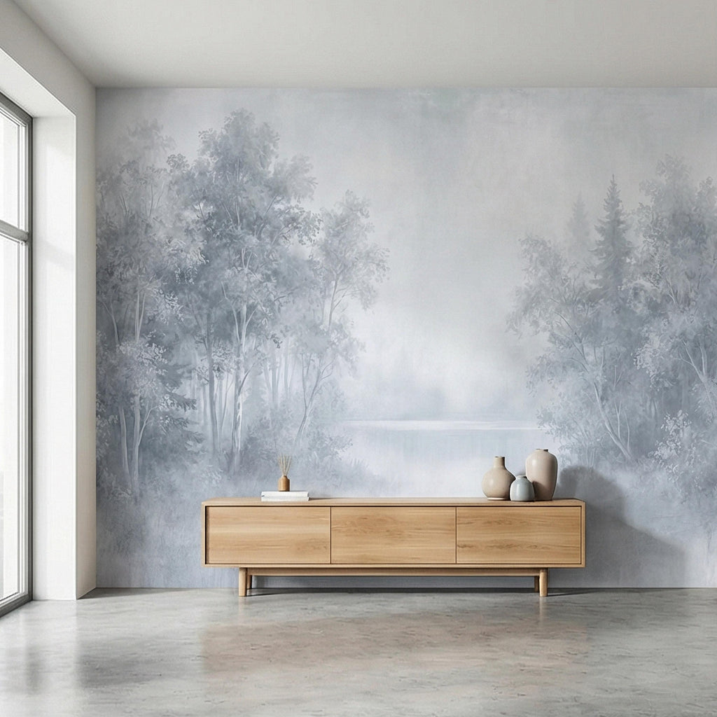 Misty Blue Forest Peel and Stick Wall Mural, Soft Woodland Lake Landscape, Serene Foggy Nature Wallpaper