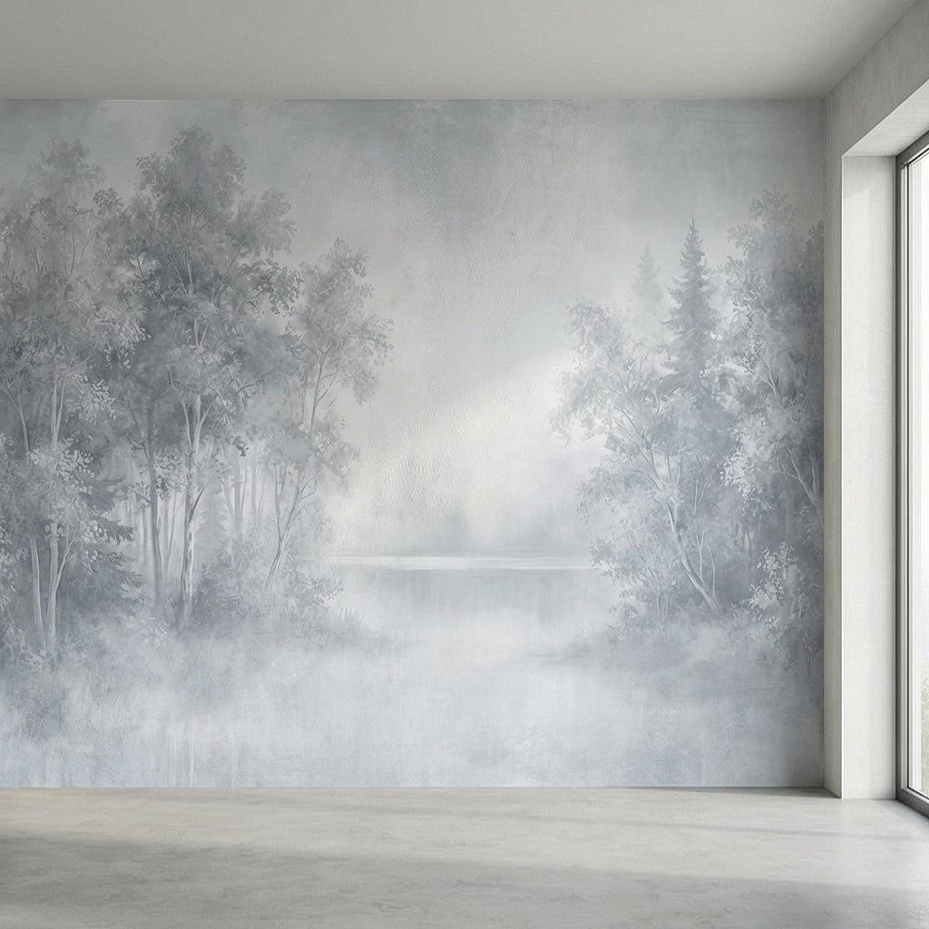 Misty Blue Forest Peel and Stick Wall Mural, Soft Woodland Lake Landscape, Serene Foggy Nature Wallpaper
