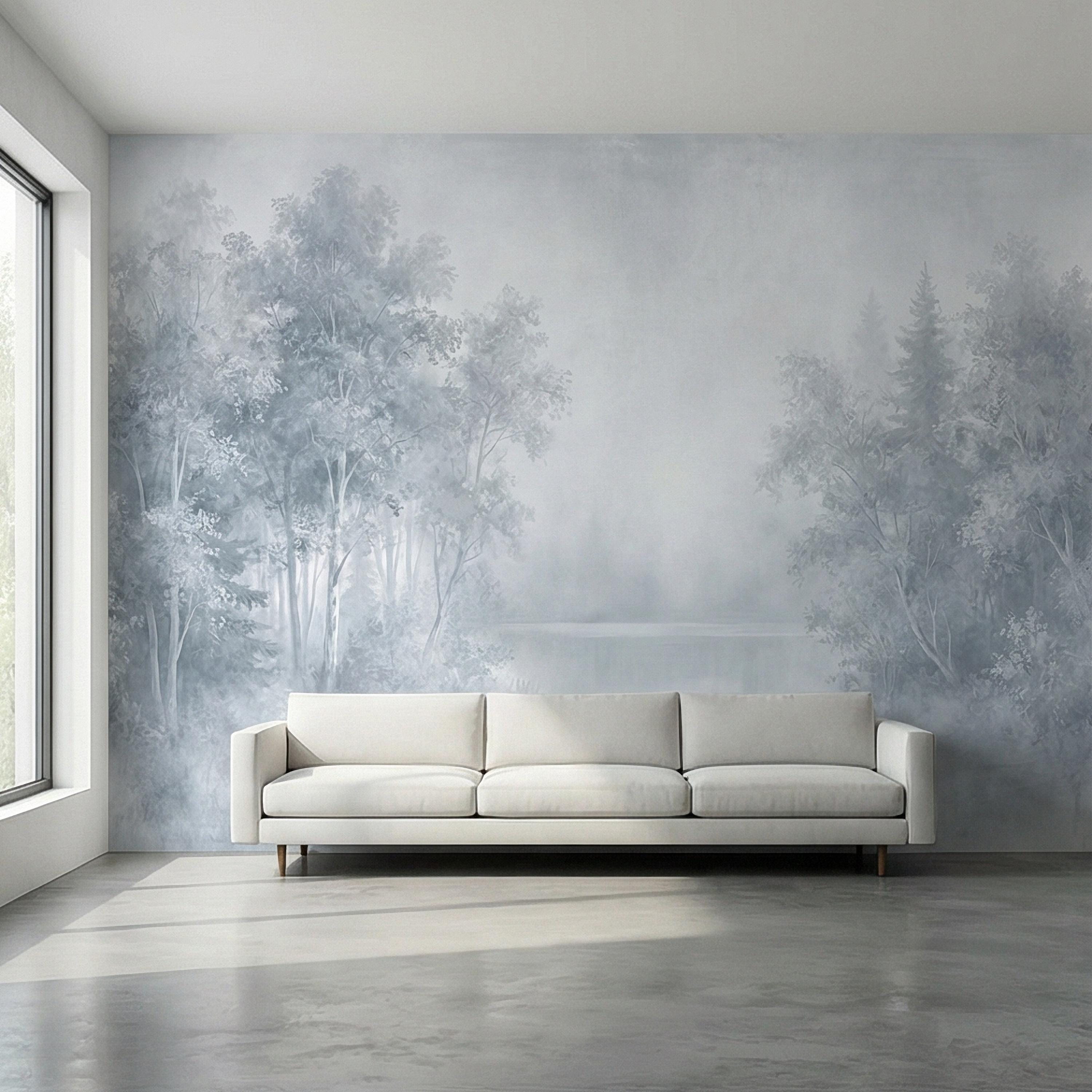 Misty Blue Forest Peel and Stick Wall Mural, Soft Woodland Lake Landscape, Serene Foggy Nature Wallpaper