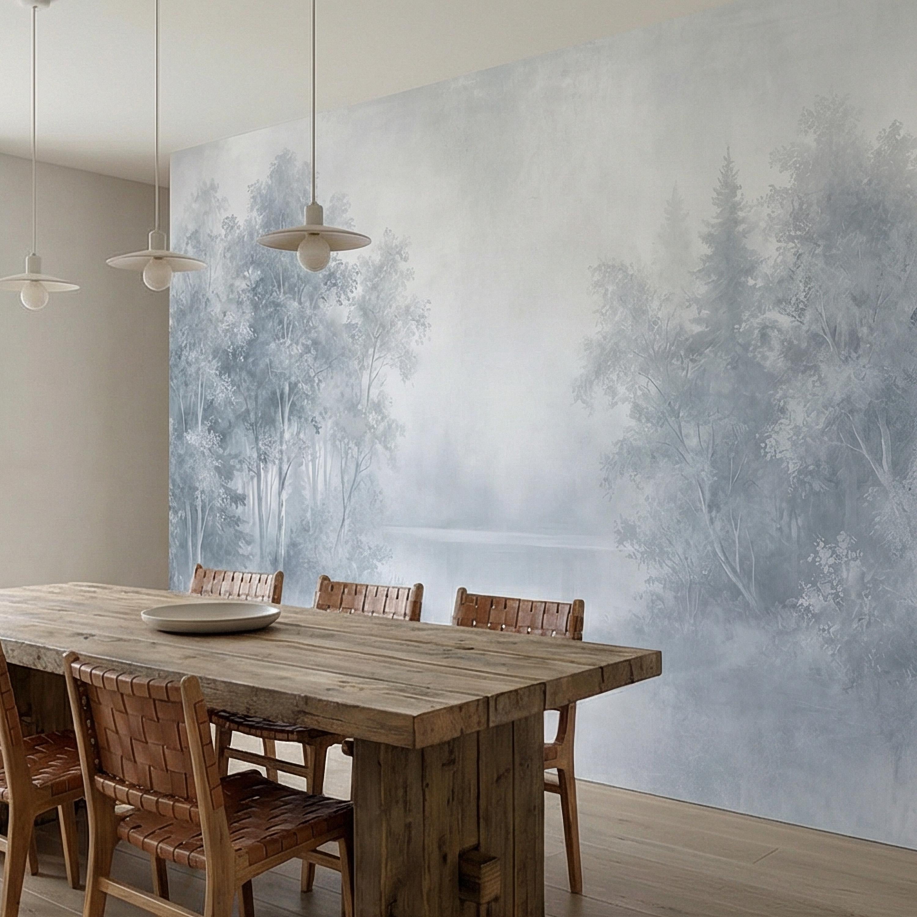 Misty Blue Forest Peel and Stick Wall Mural, Soft Woodland Lake Landscape, Serene Foggy Nature Wallpaper