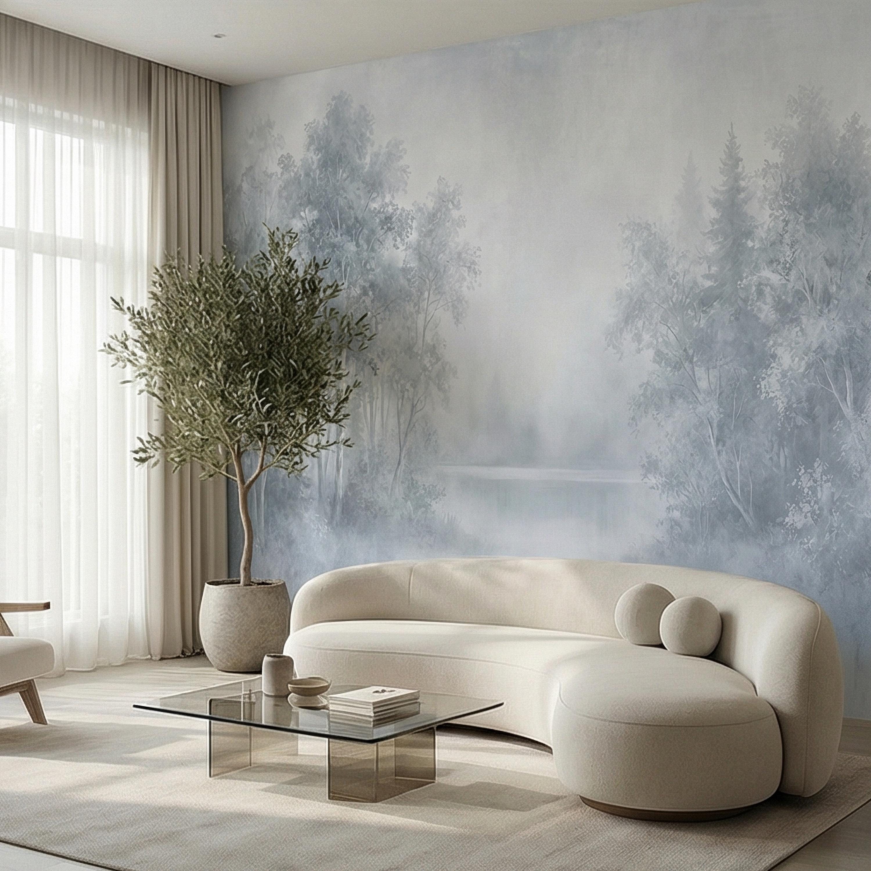 Misty Blue Forest Peel and Stick Wall Mural, Soft Woodland Lake Landscape, Serene Foggy Nature Wallpaper
