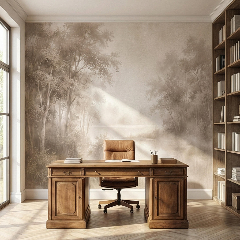Sepia Misty Forest Peel and Stick Wall Mural, Soft Woodland Lake Landscape, Antique Foggy Nature Wallpaper