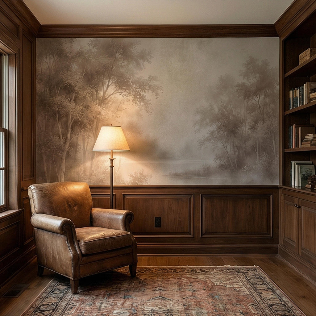Sepia Misty Forest Peel and Stick Wall Mural, Soft Woodland Lake Landscape, Antique Foggy Nature Wallpaper
