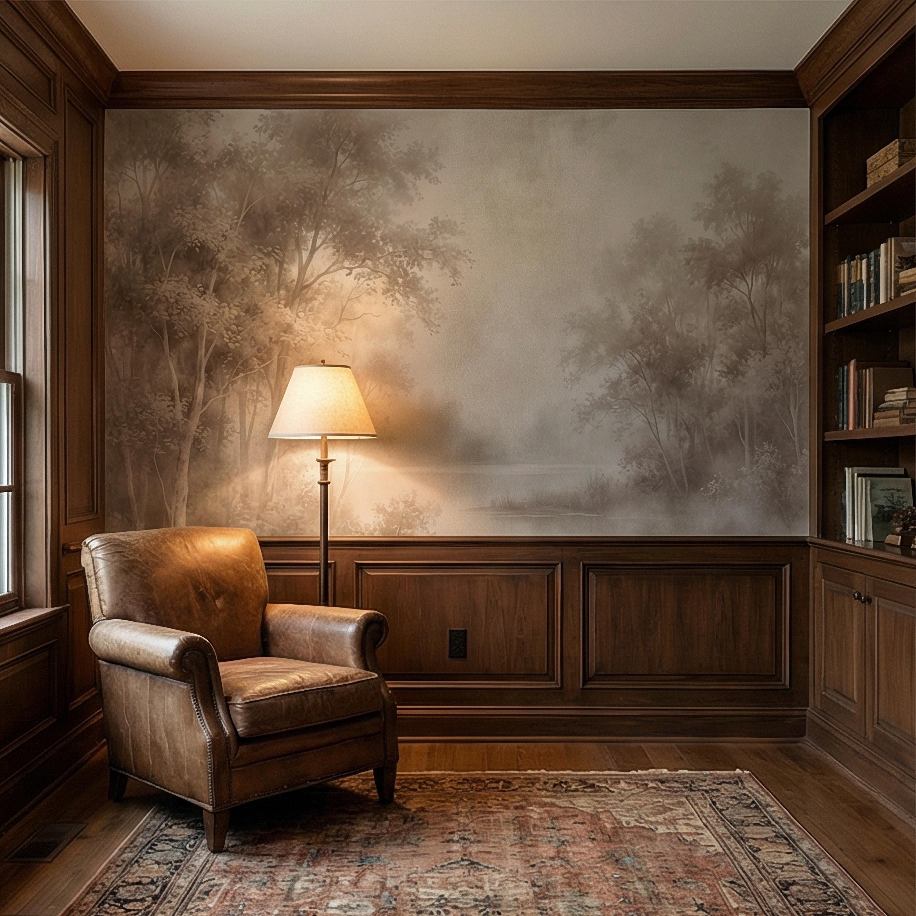 Sepia Misty Forest Peel and Stick Wall Mural, Soft Woodland Lake Landscape, Antique Foggy Nature Wallpaper