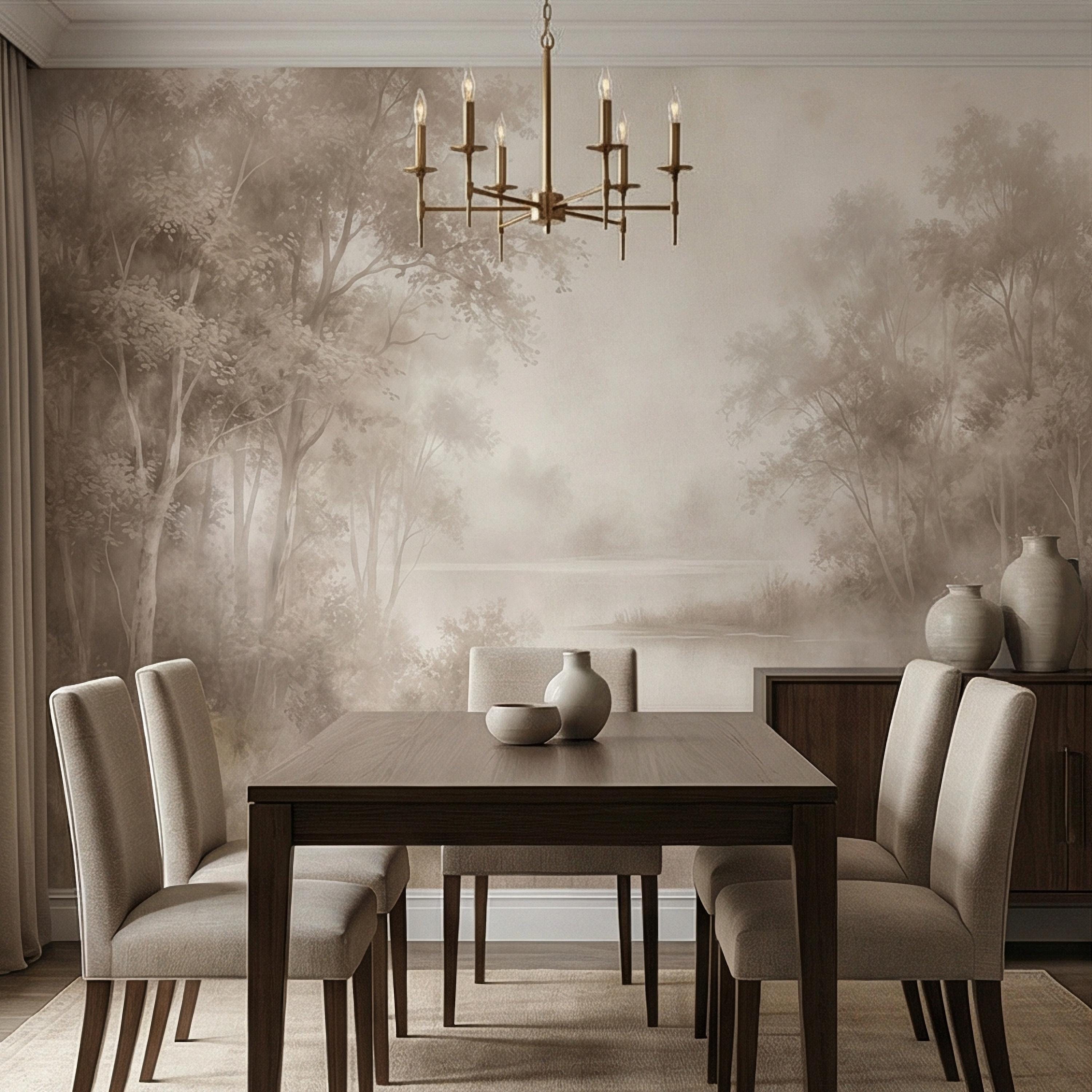 Sepia Misty Forest Peel and Stick Wall Mural, Soft Woodland Lake Landscape, Antique Foggy Nature Wallpaper