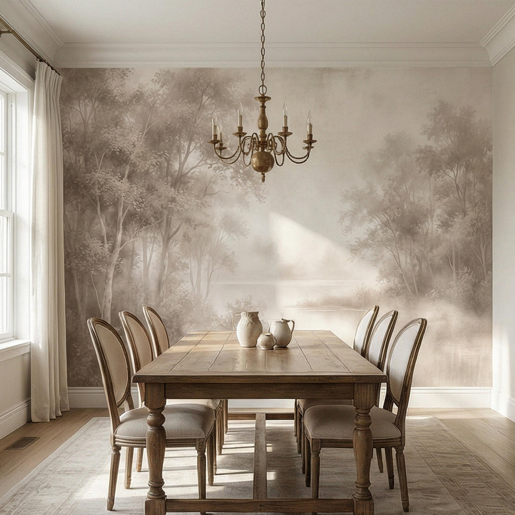 Sepia Misty Forest Peel and Stick Wall Mural, Soft Woodland Lake Landscape, Antique Foggy Nature Wallpaper
