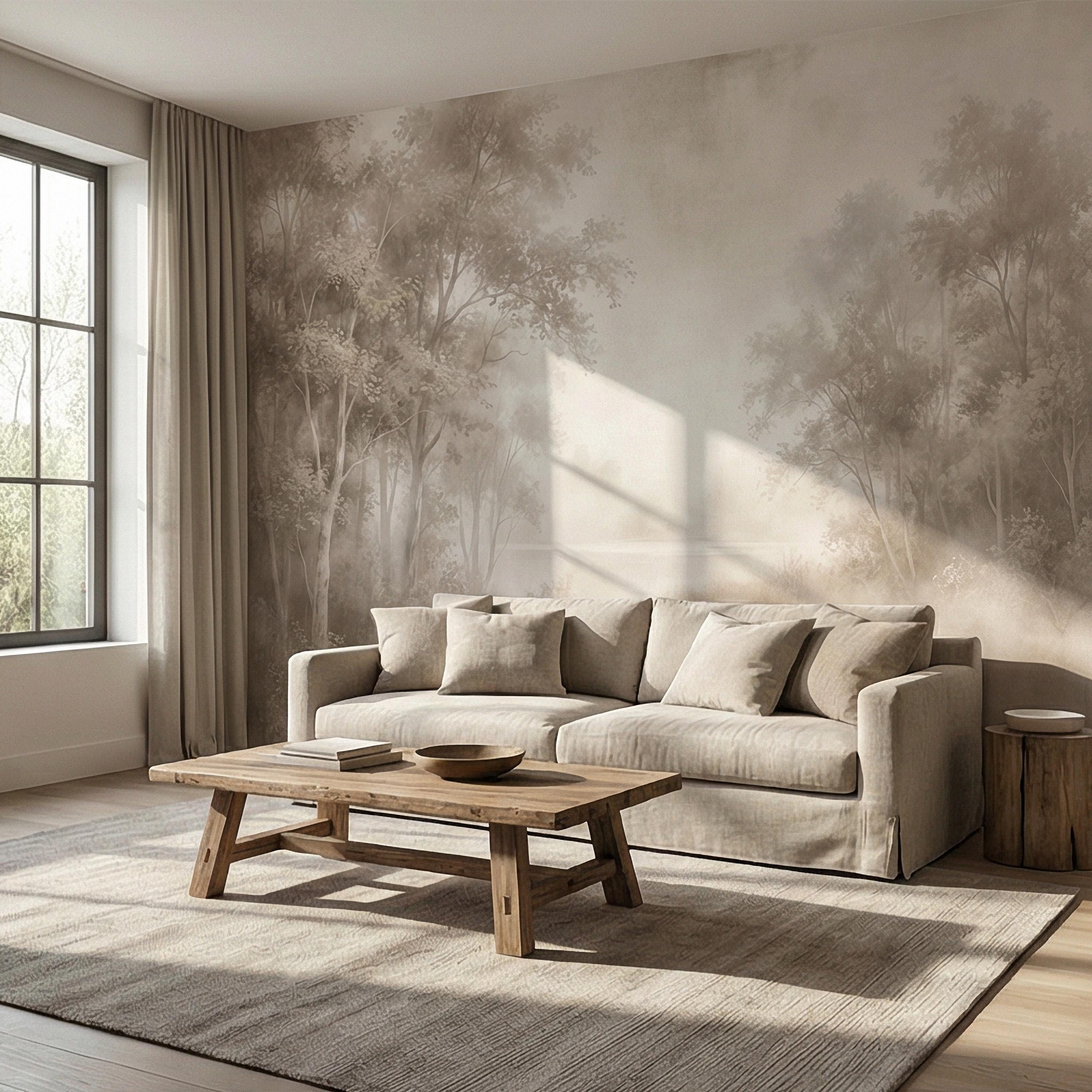 Sepia Misty Forest Peel and Stick Wall Mural, Soft Woodland Lake Landscape, Antique Foggy Nature Wallpaper
