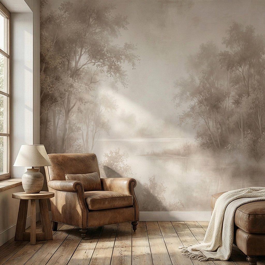 Sepia Misty Forest Peel and Stick Wall Mural, Soft Woodland Lake Landscape, Antique Foggy Nature Wallpaper