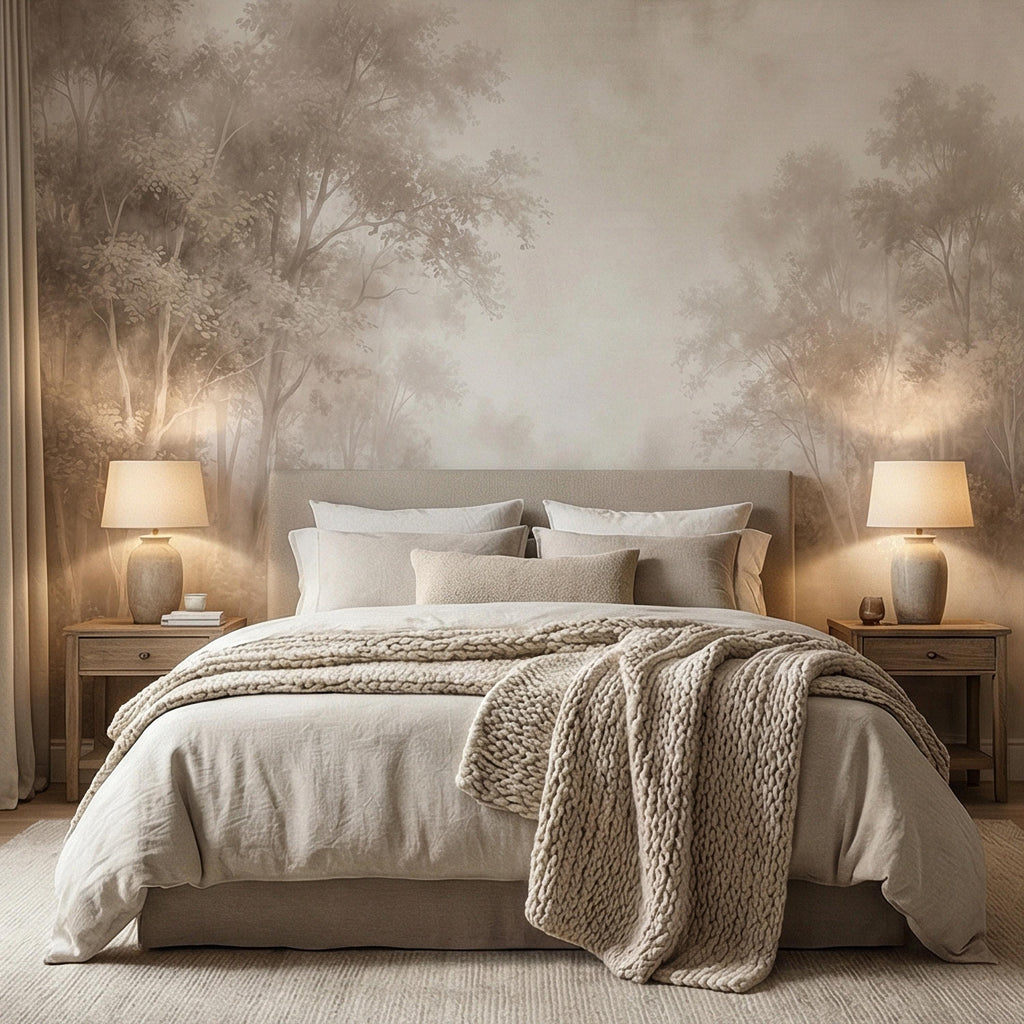 Sepia Misty Forest Peel and Stick Wall Mural, Soft Woodland Lake Landscape, Antique Foggy Nature Wallpaper