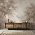 Sepia Misty Forest Peel and Stick Wall Mural, Soft Woodland Lake Landscape, Antique Foggy Nature Wallpaper