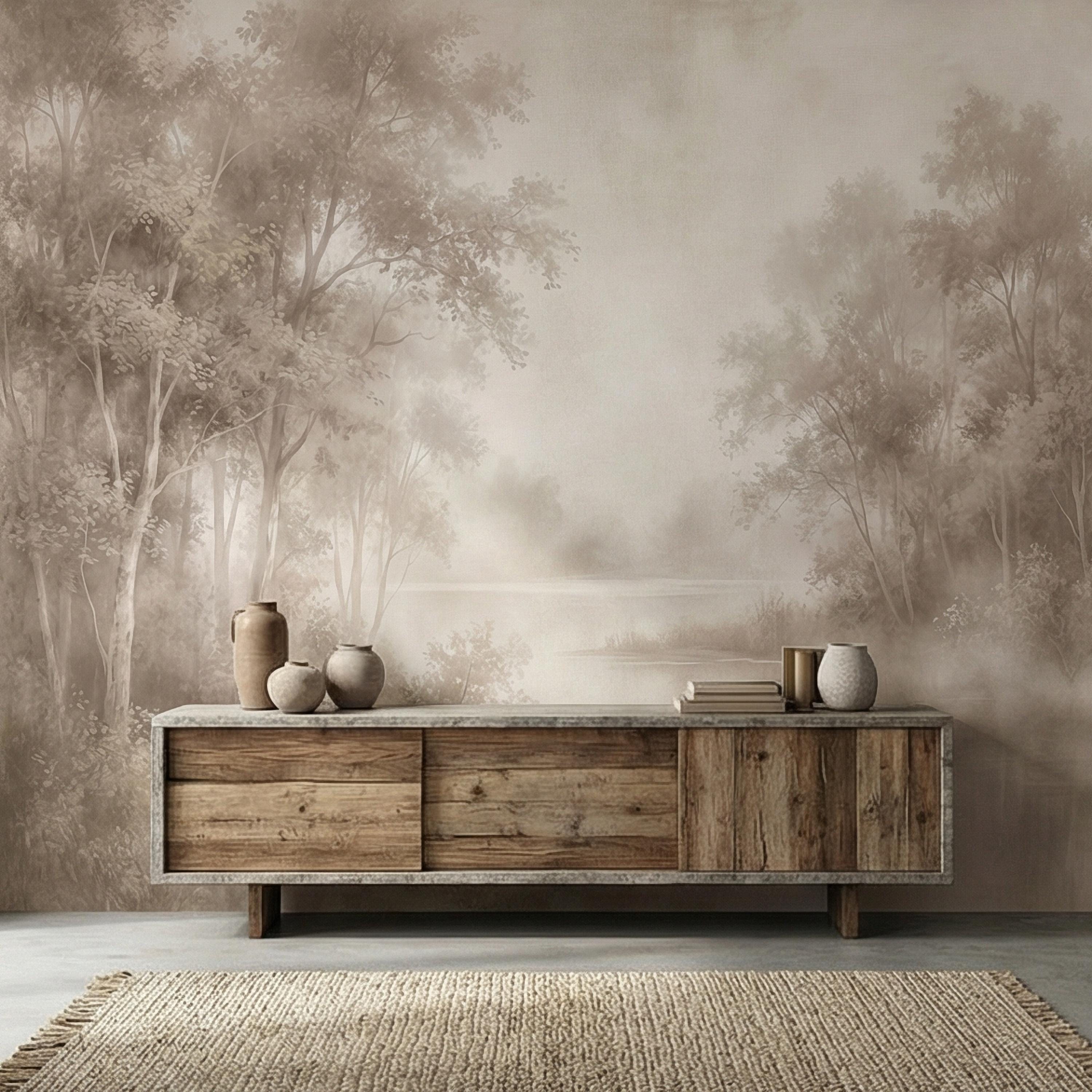 Sepia Misty Forest Peel and Stick Wall Mural, Soft Woodland Lake Landscape, Antique Foggy Nature Wallpaper