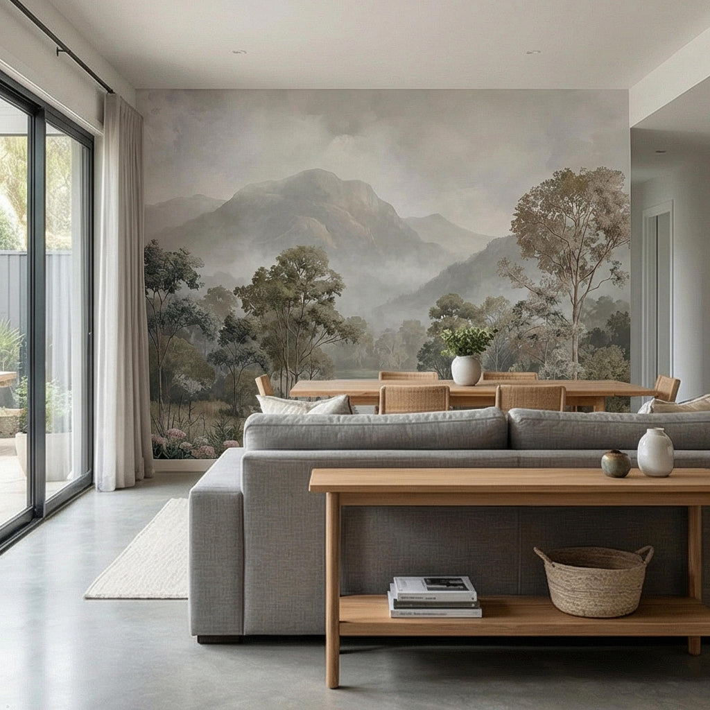 Misty Mountain Landscape Peel and Stick Wall Mural, Soft River Valley Forest, Neutral Woodland Lake Scenic Wallpaper