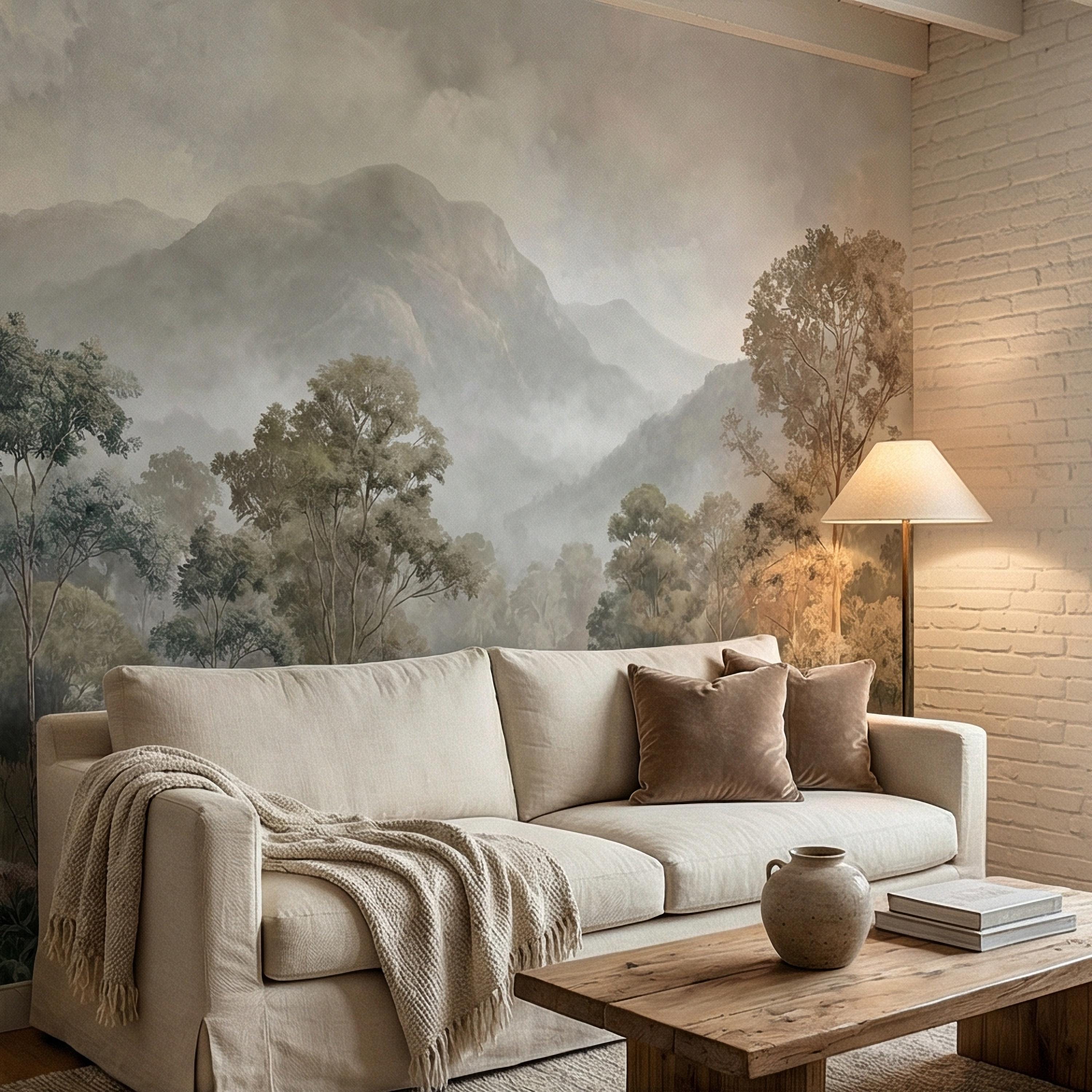 Misty Mountain Landscape Peel and Stick Wall Mural, Soft River Valley Forest, Neutral Woodland Lake Scenic Wallpaper